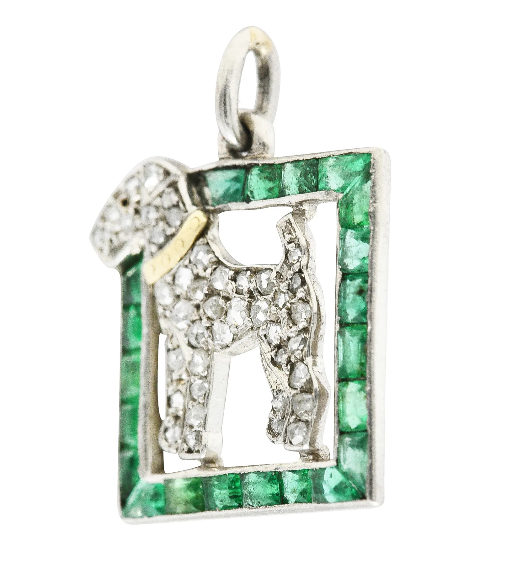 French Art Deco Emerald Diamond Platinum 18 Karat Yellow Gold Dog Charm - Image 2