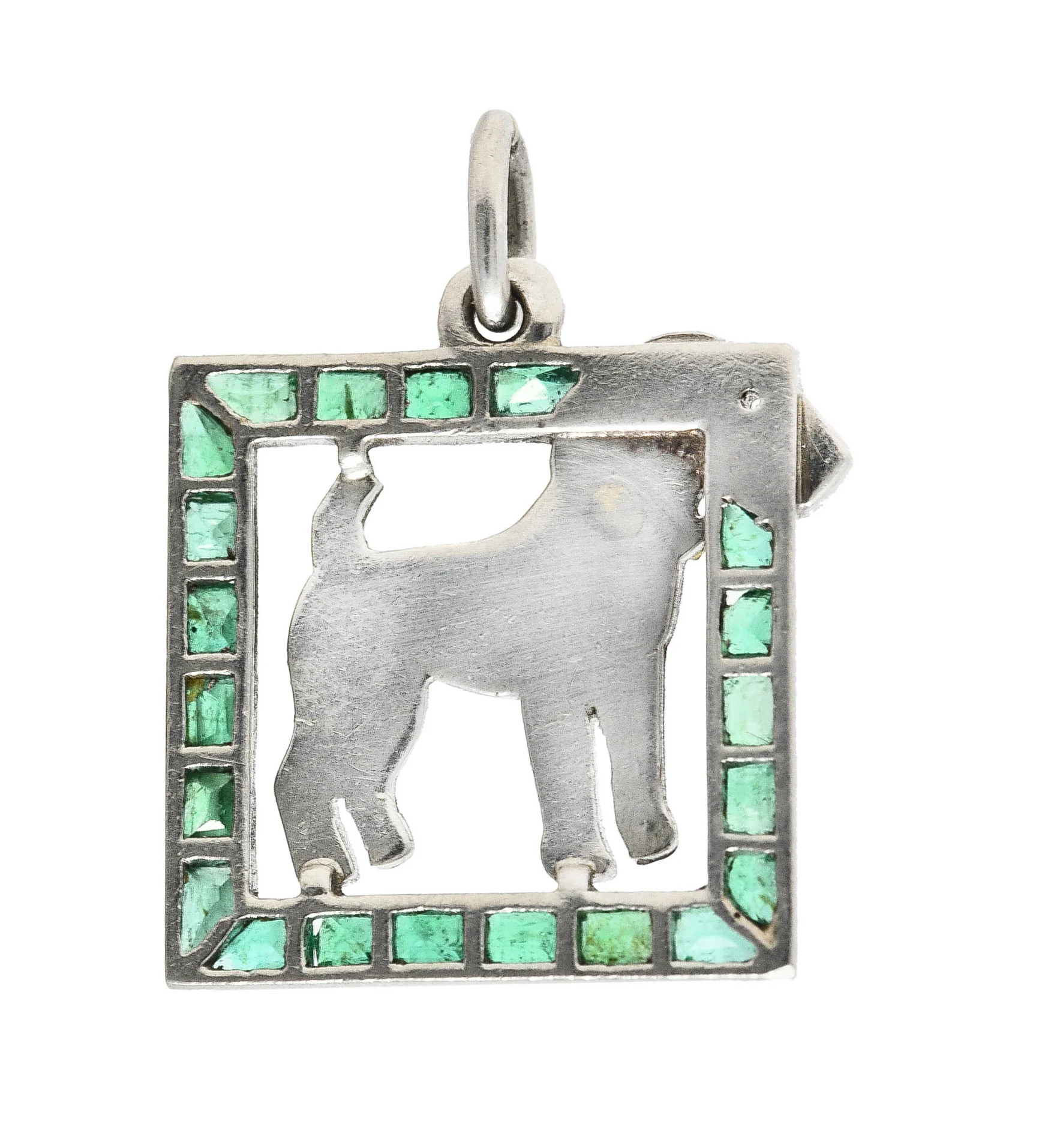 French Art Deco Emerald Diamond Platinum 18 Karat Yellow Gold Dog Charm - Image 3