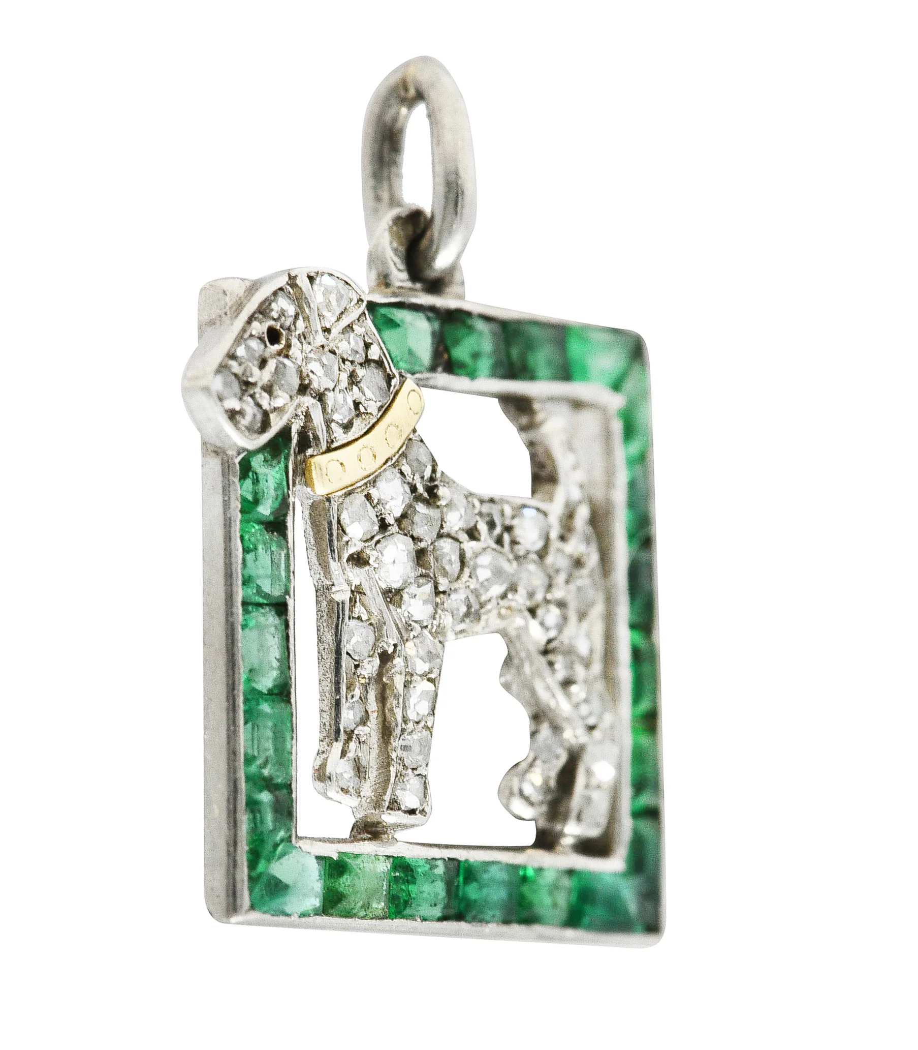 French Art Deco Emerald Diamond Platinum 18 Karat Yellow Gold Dog Charm - Image 4