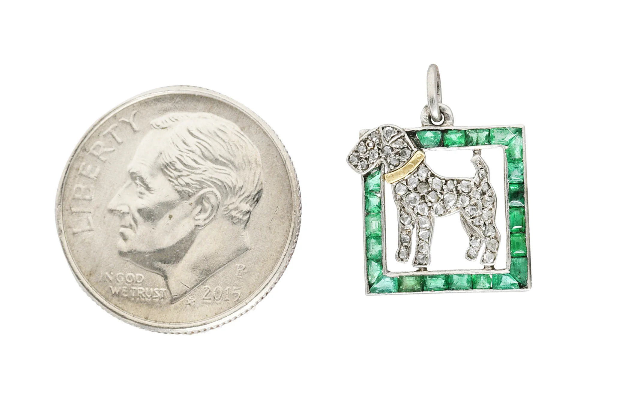 French Art Deco Emerald Diamond Platinum 18 Karat Yellow Gold Dog Charm - Image 7