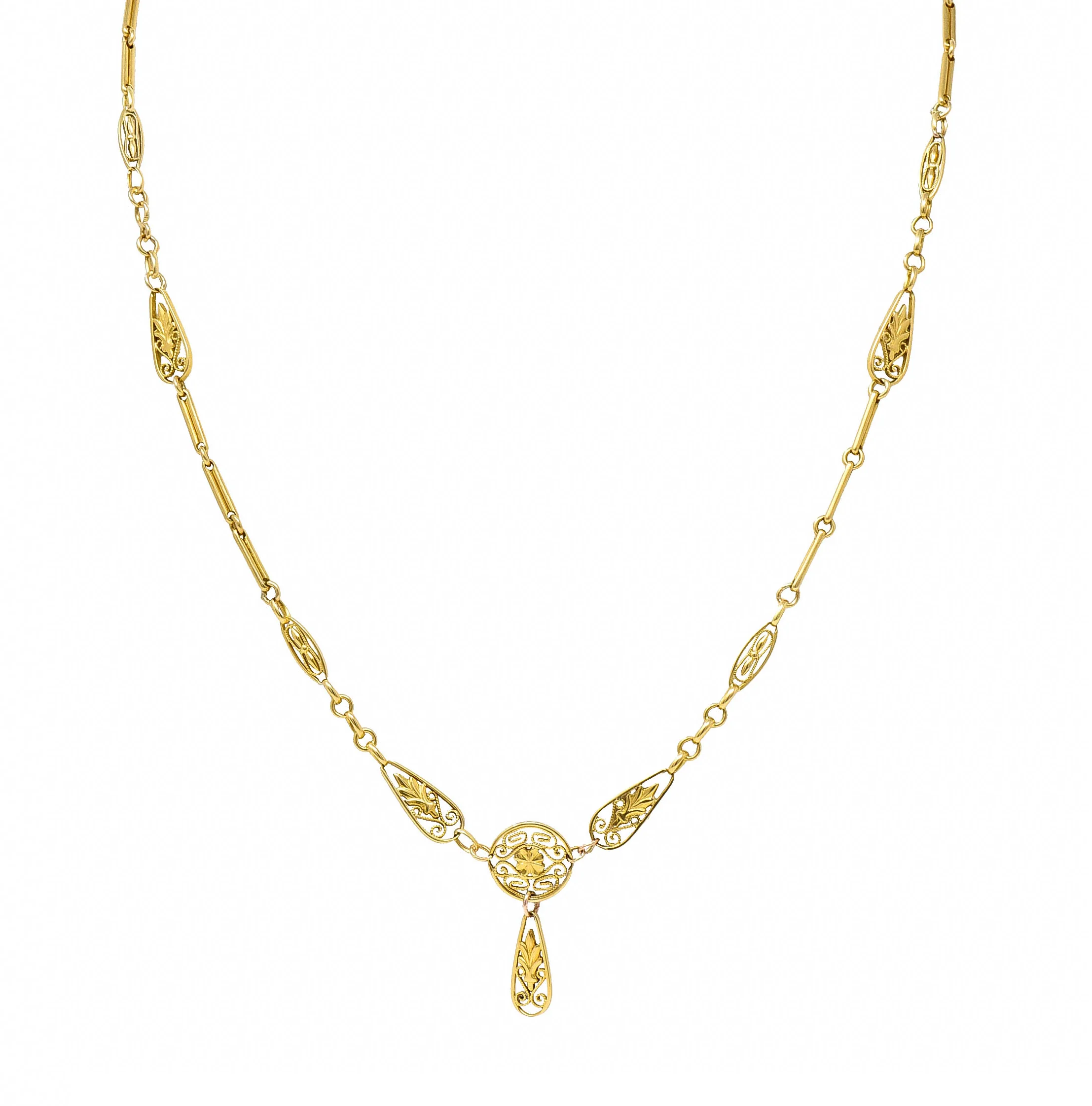 French Art Nouveau 18 Karat Gold Four Leaf Clover Foliate Link Necklace