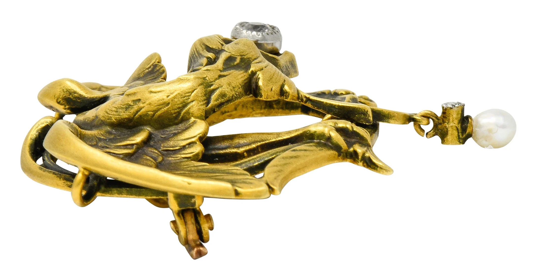 French Art Nouveau Diamond Pearl 18 Karat Gold Griffin Brooch - Image 5