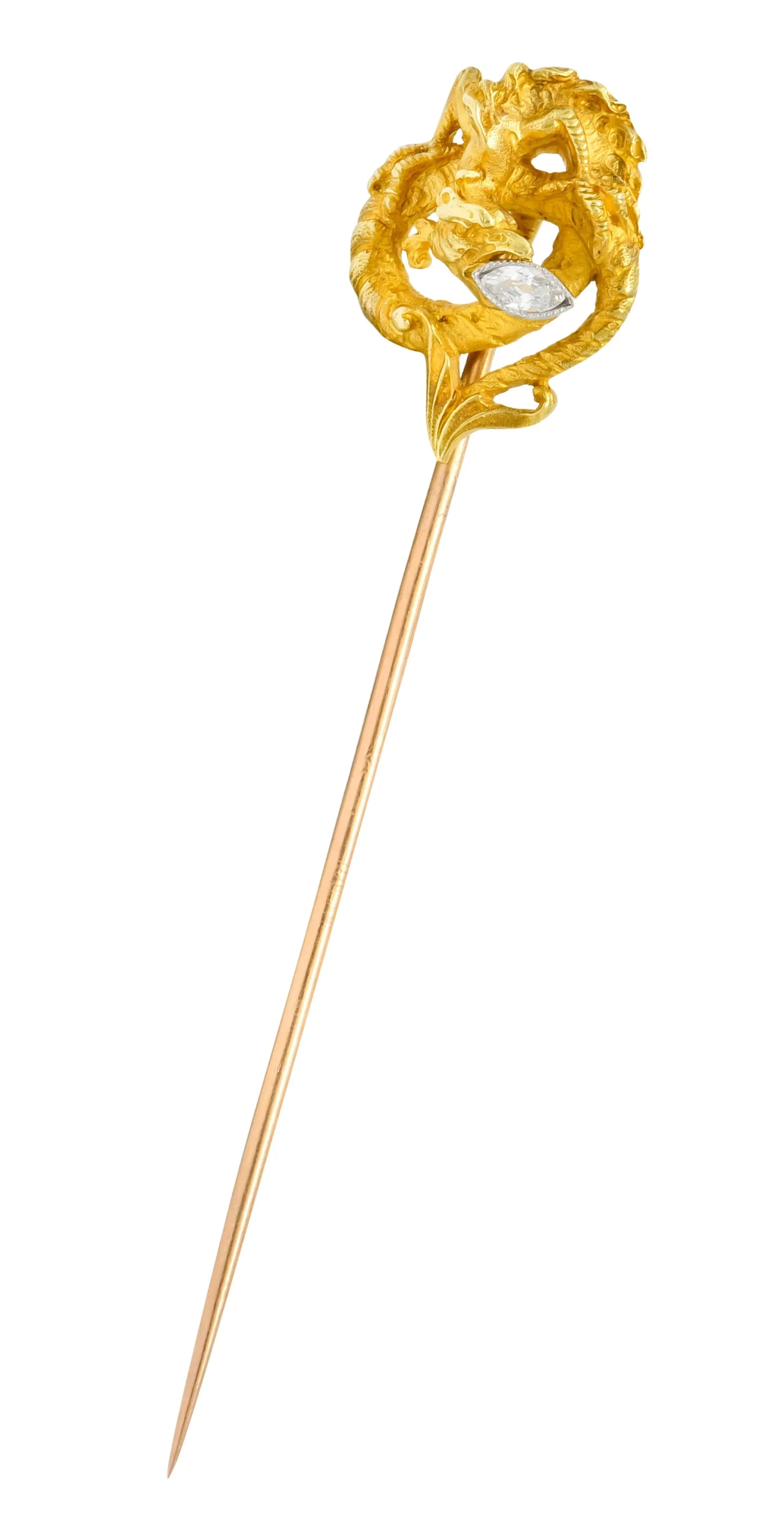 French Art Nouveau Marquis Diamond 18 Karat Gold Serpentine Dragon Stickin - Image 2