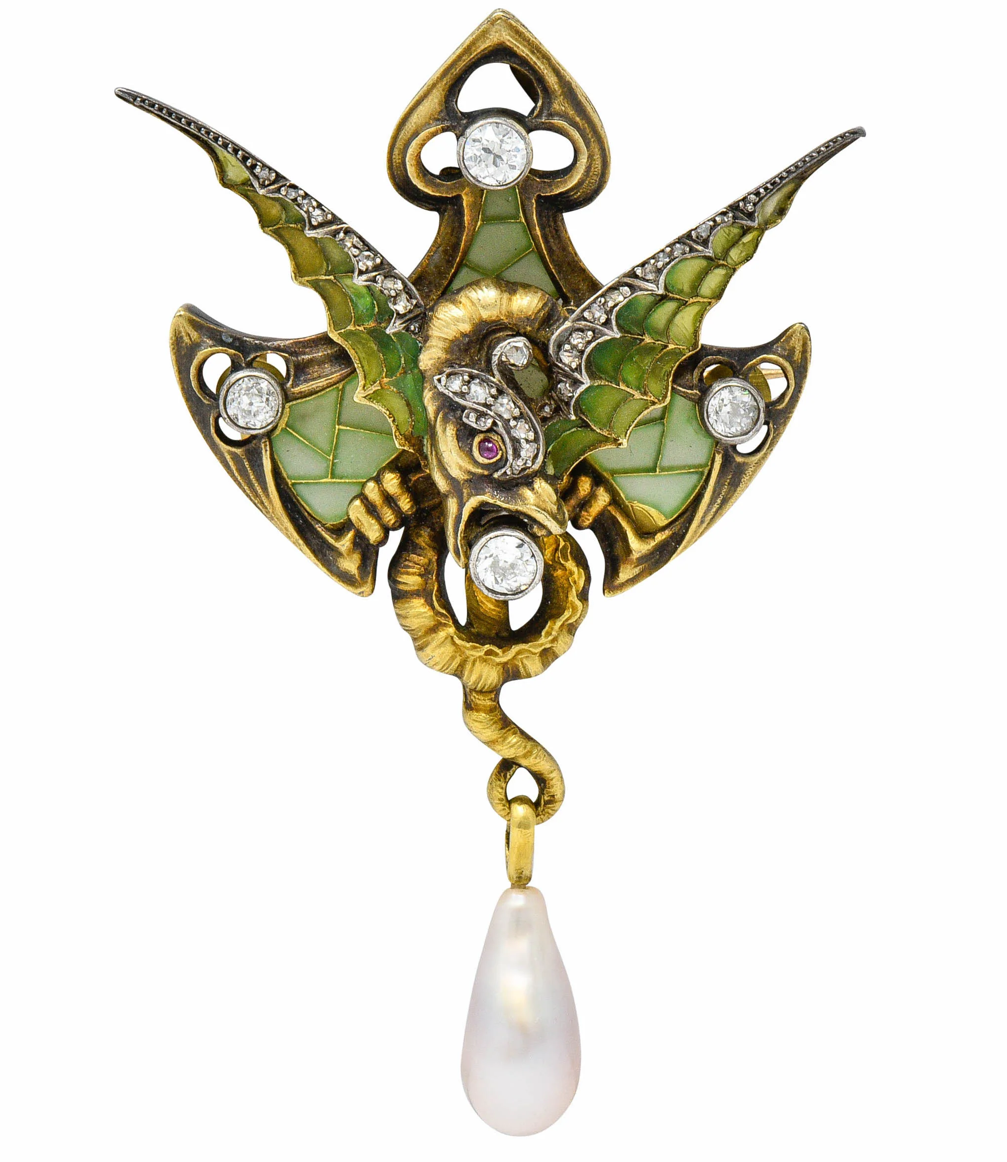 French Art Nouveau Plique-A-Jour Pearl Diamond Silver-Topped 18 Karat Gold Dragon Pendant Brooch