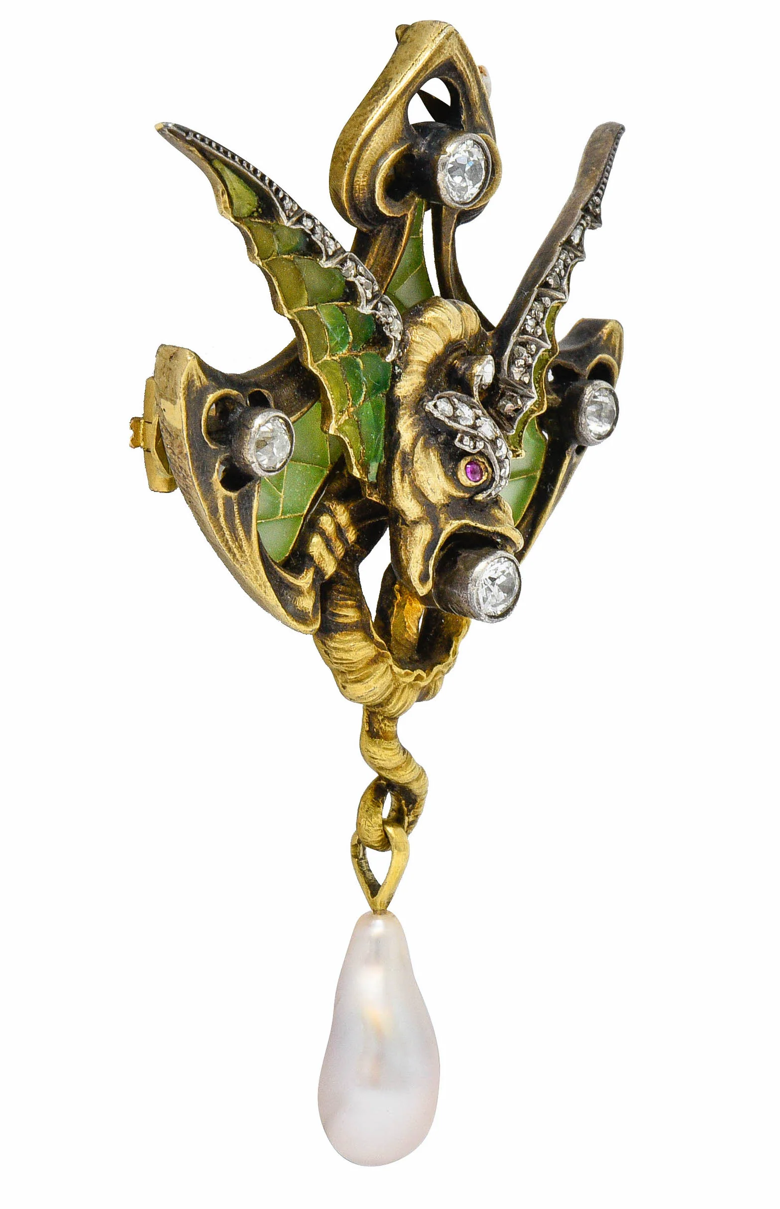 French Art Nouveau Plique-A-Jour Pearl Diamond Silver-Topped 18 Karat Gold Dragon Pendant Brooch - Image 3