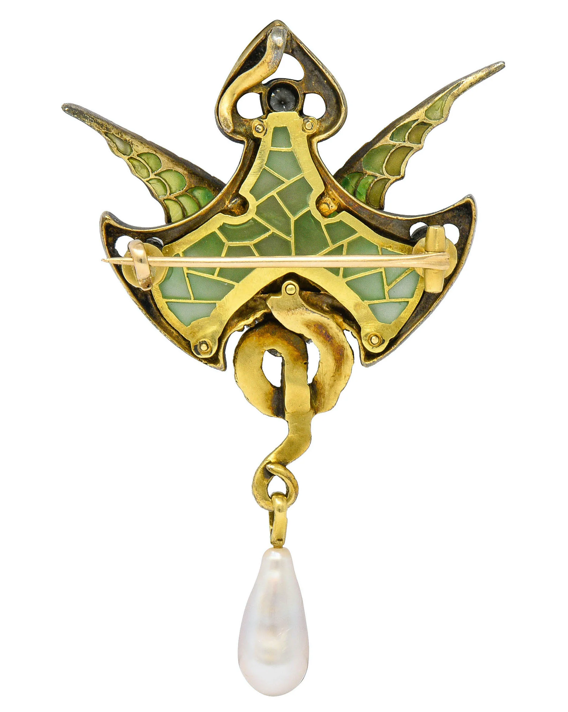 French Art Nouveau Plique-A-Jour Pearl Diamond Silver-Topped 18 Karat Gold Dragon Pendant Brooch - Image 6