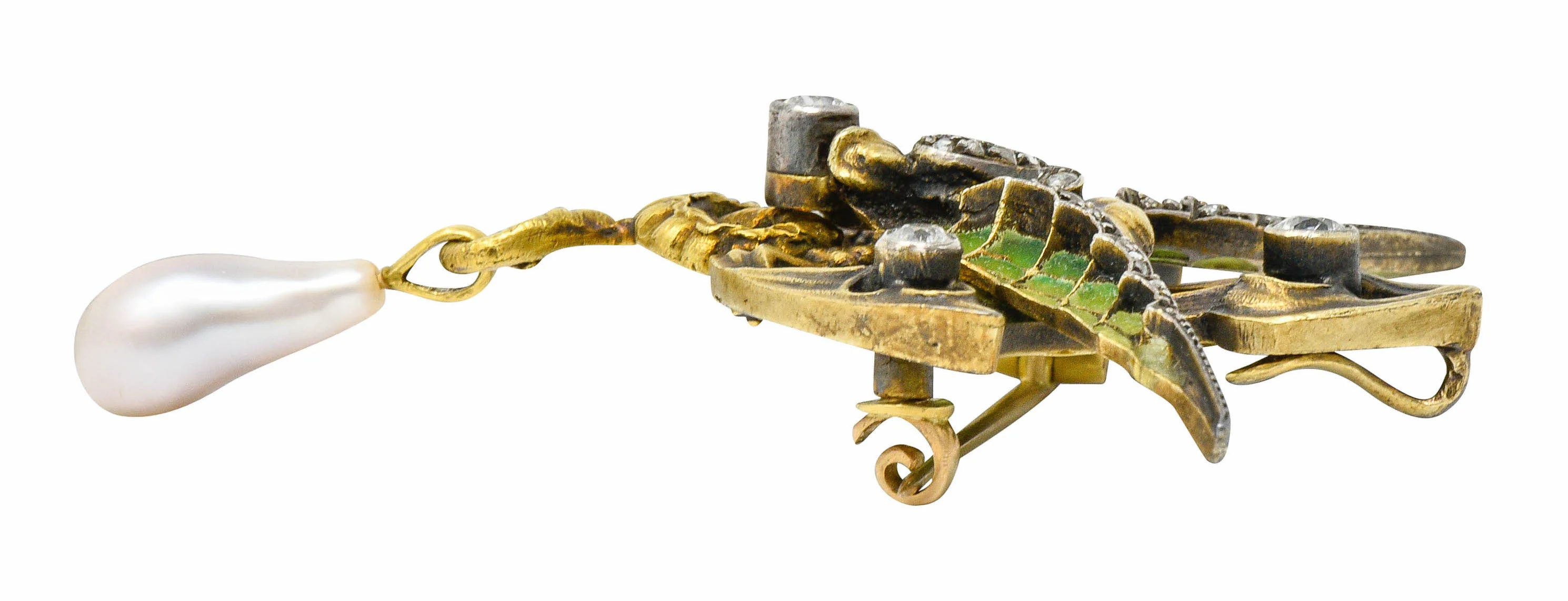 French Art Nouveau Plique-A-Jour Pearl Diamond Silver-Topped 18 Karat Gold Dragon Pendant Brooch - Image 8