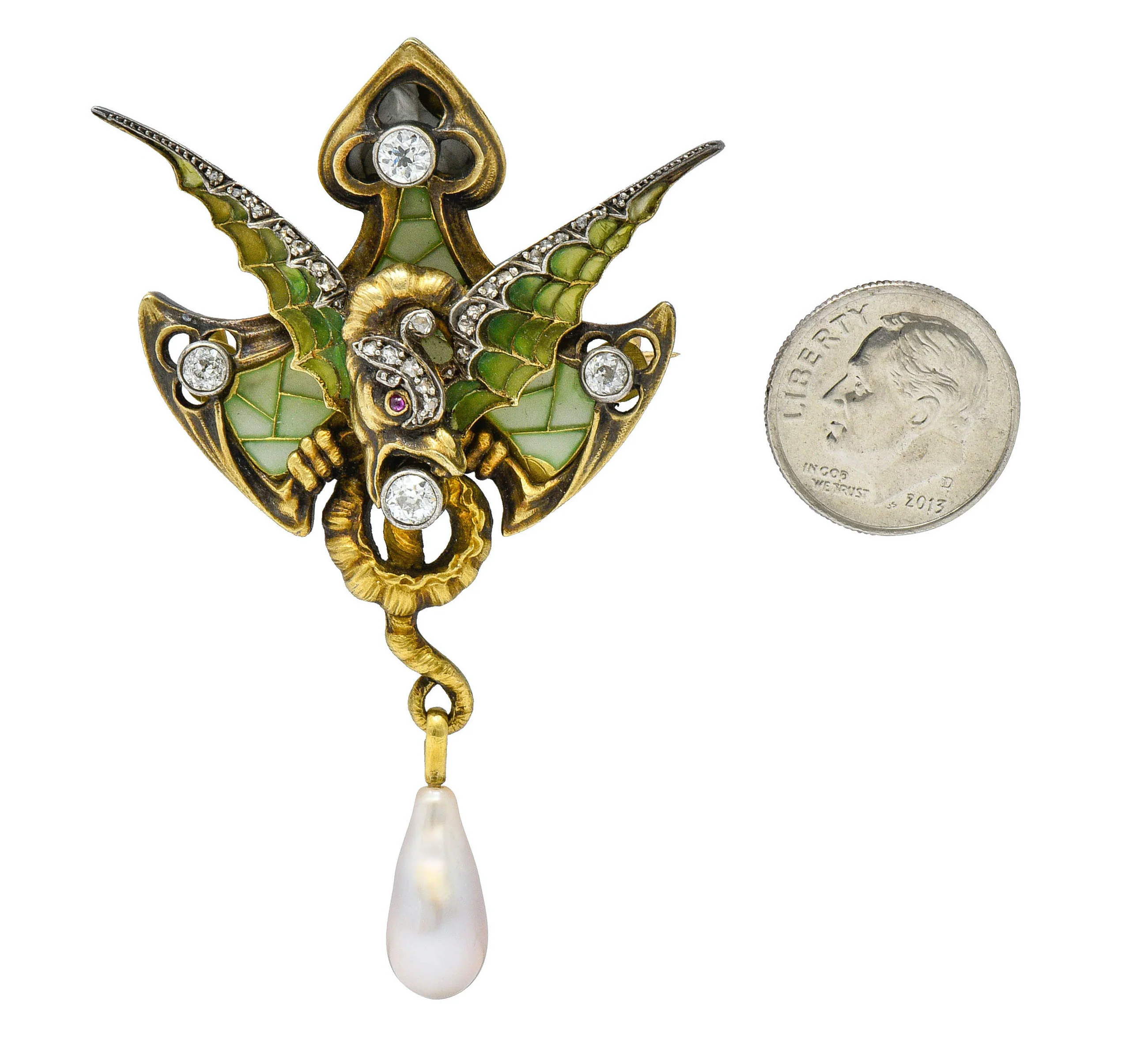 French Art Nouveau Plique-A-Jour Pearl Diamond Silver-Topped 18 Karat Gold Dragon Pendant Brooch - Image 9