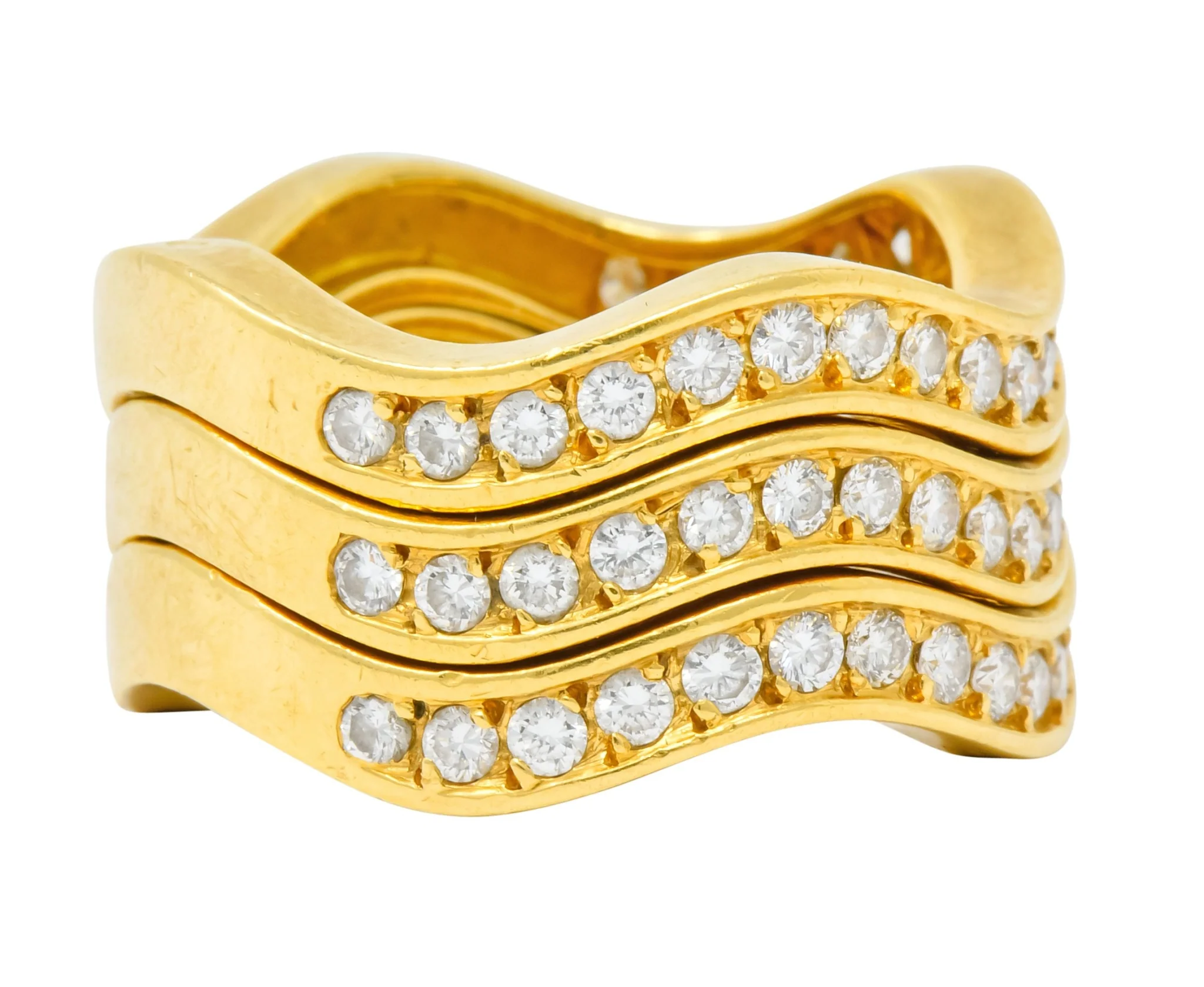 French Cartier 1.56 CTW Diamond 18 Karat Gold Wave Triple Band Stack Rings - Image 3