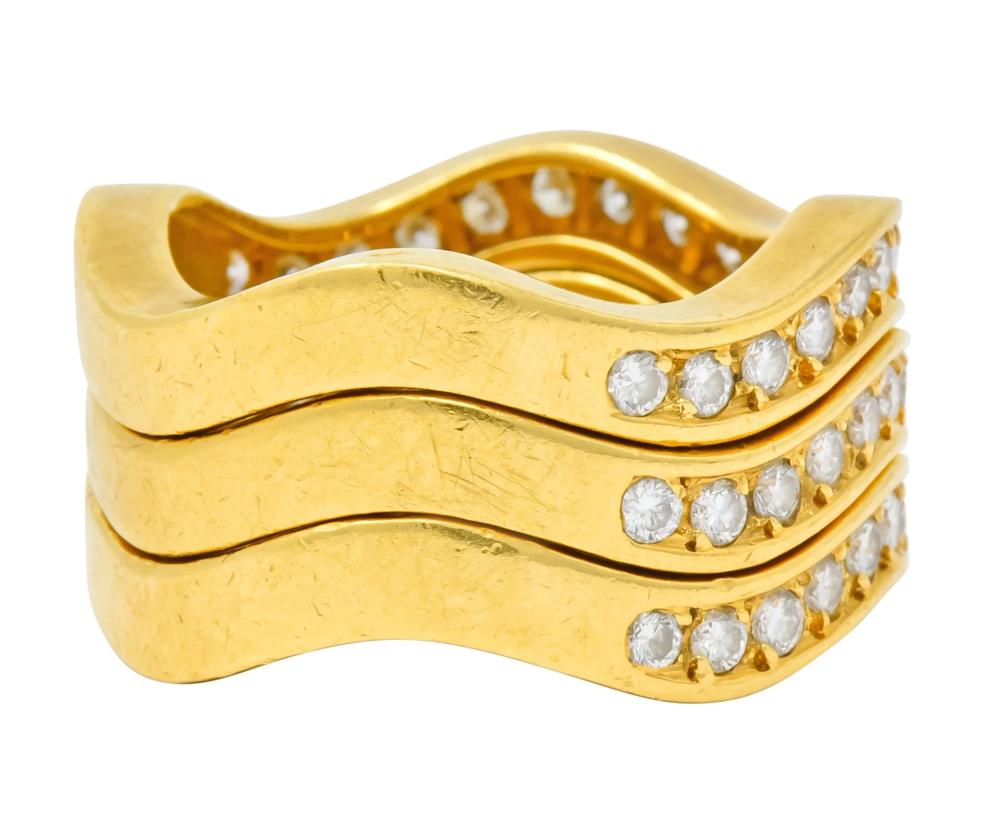 French Cartier 1.56 CTW Diamond 18 Karat Gold Wave Triple Band Stack Rings - Image 4