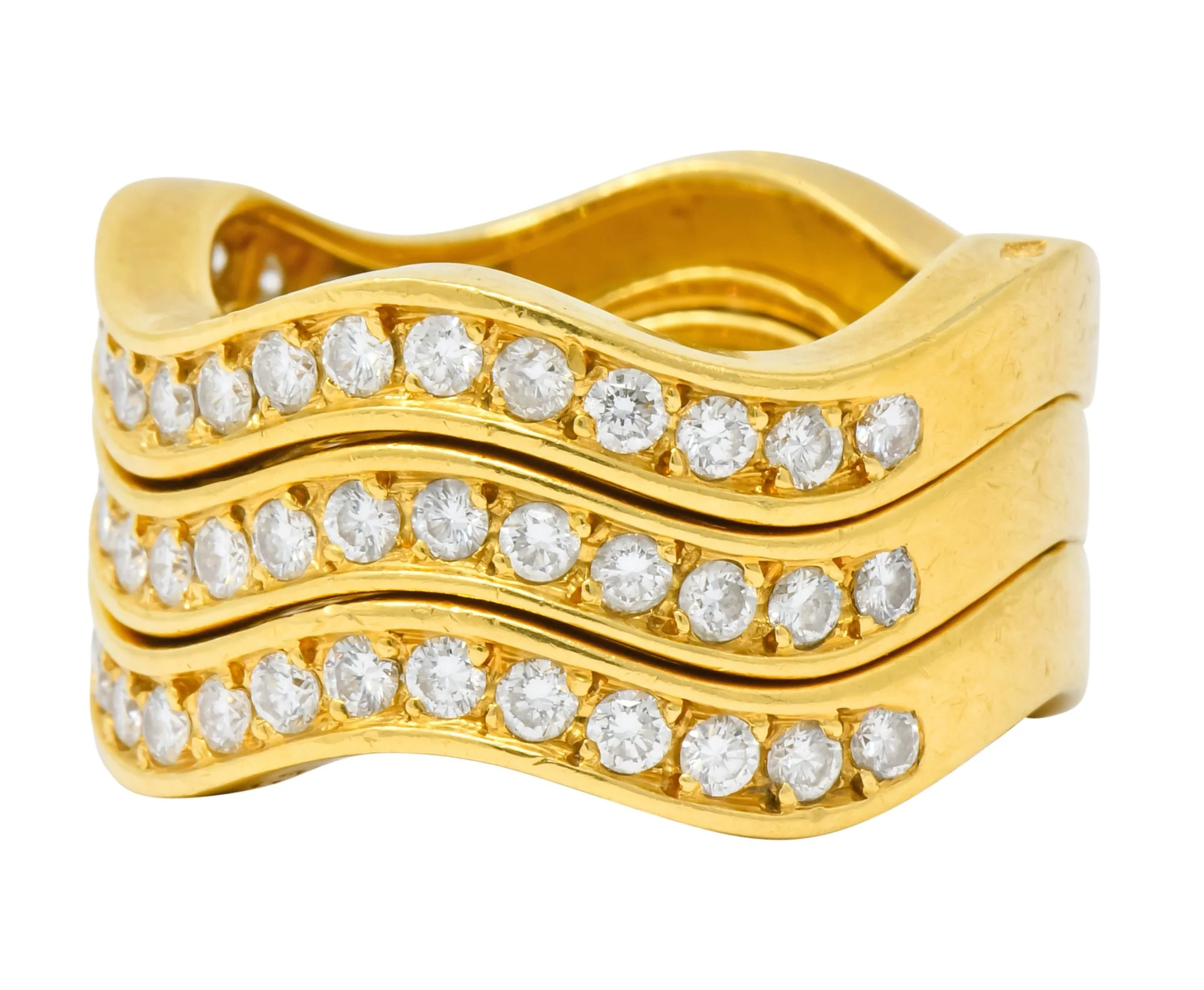 French Cartier 1.56 CTW Diamond 18 Karat Gold Wave Triple Band Stack Rings - Image 7