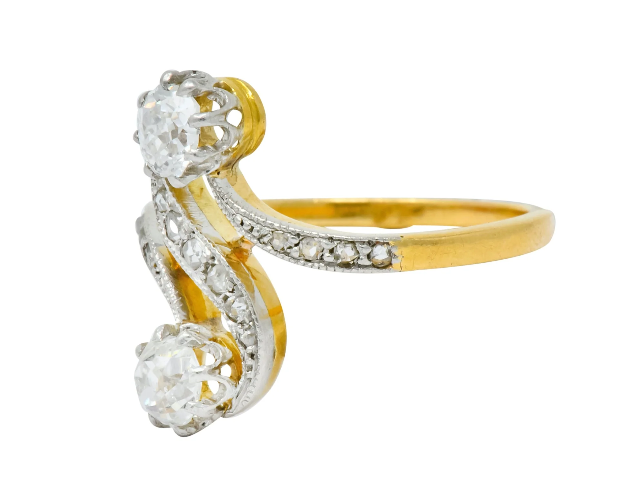 French Edwardian 0.90 CTW Diamond Platinum-Topped 18 Karat Gold Toi Et Moi Ring Circa 1915 - Image 5