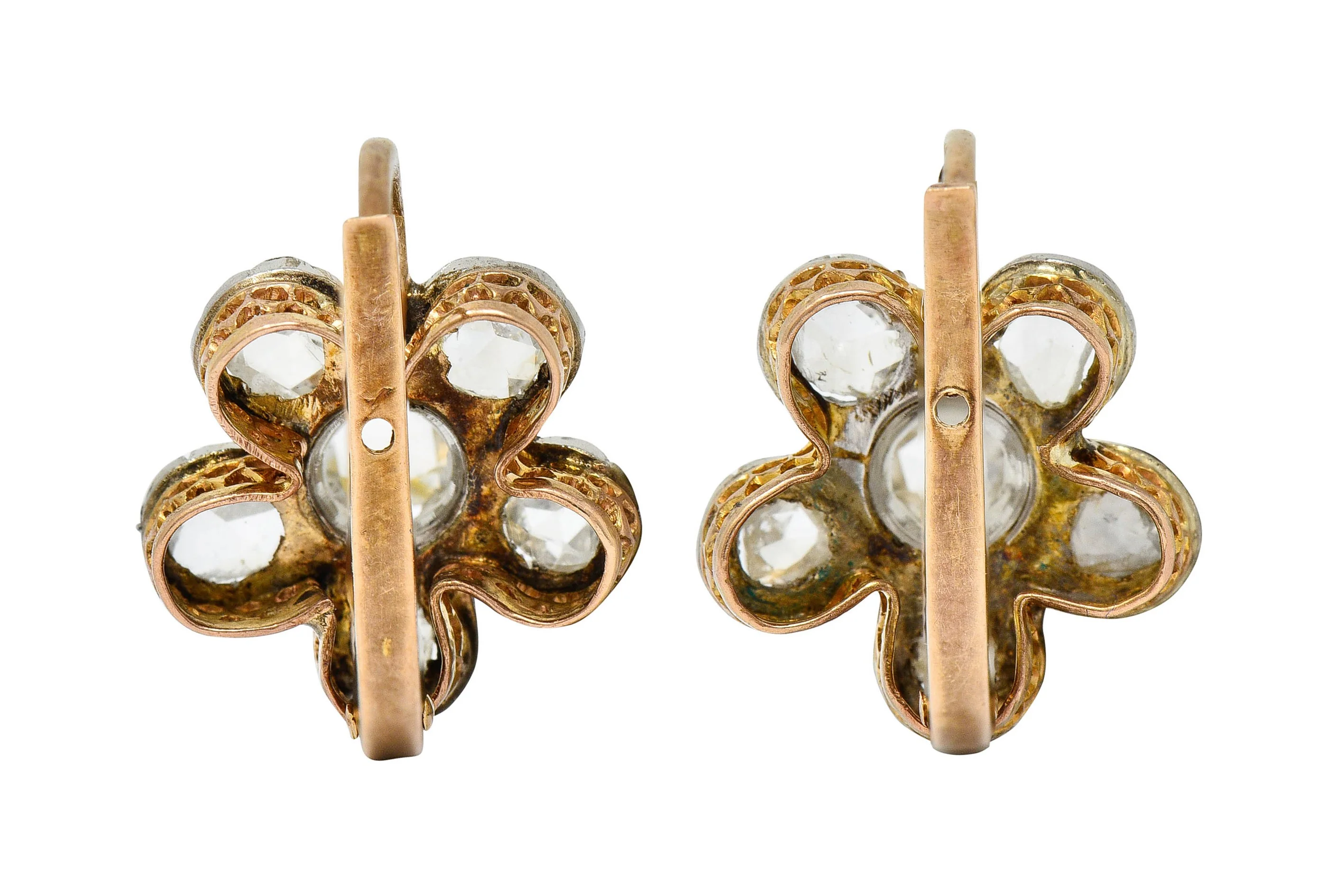 French Edwardian 1.45 CTW Diamond Platinum-Topped 18 Karat Gold Floral Cluster Earrings - Image 3