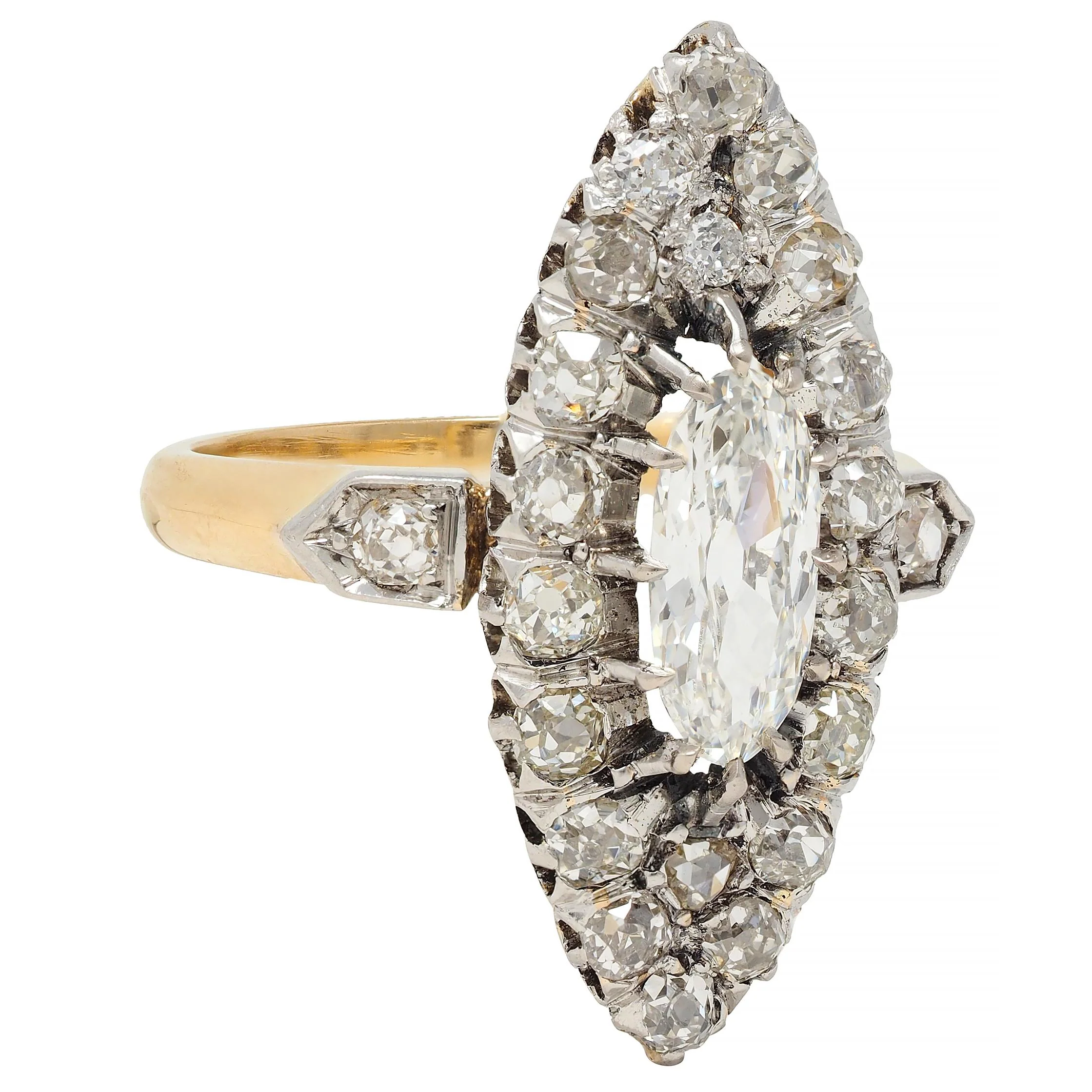 French Edwardian 1.84 CTW Diamond Platinum 18 Karat Gold Antique Navette Ring GIA - Image 2