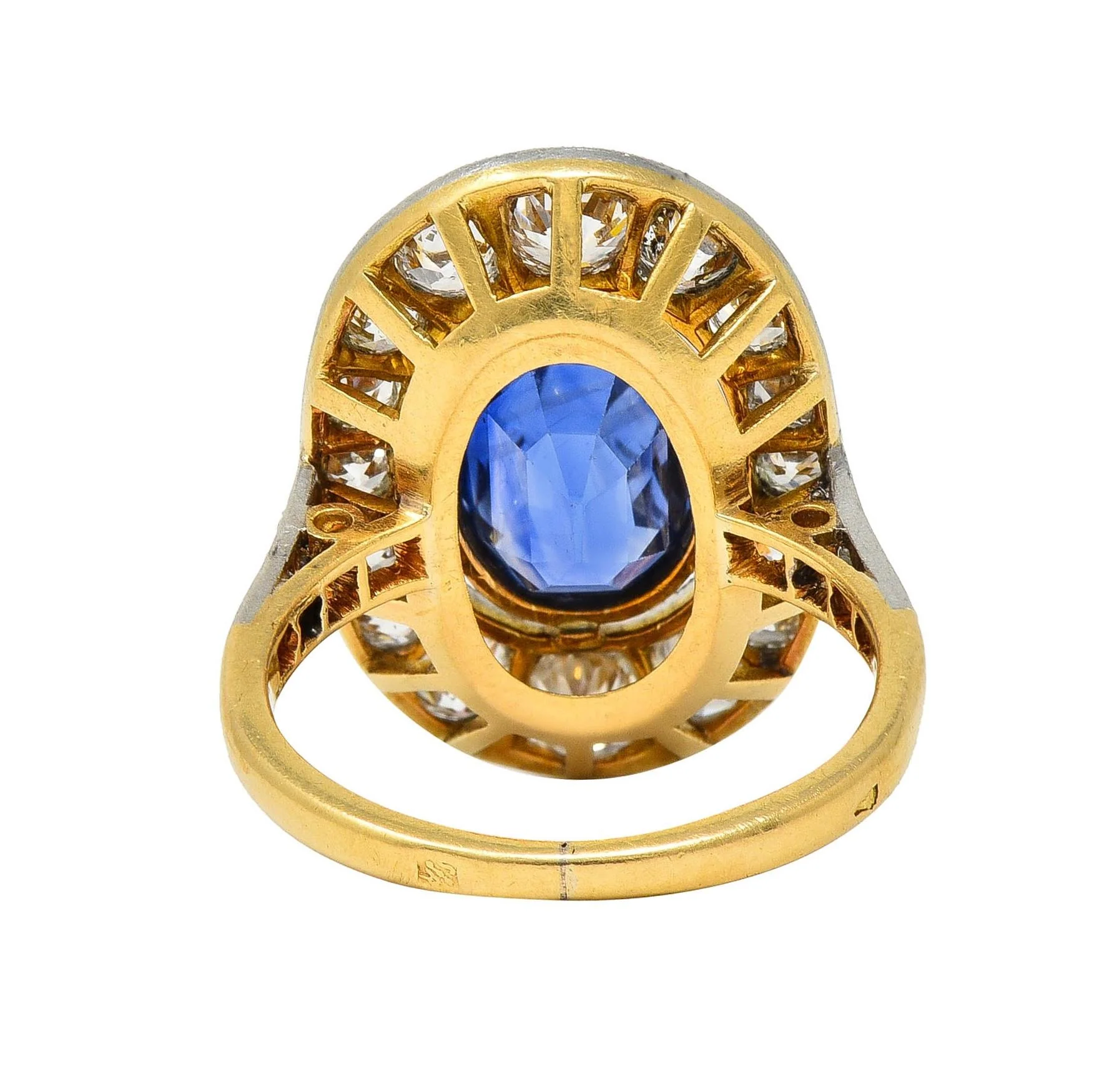 French Edwardian 3.55 CTW No Heat Ceylon Sapphire Diamond Platinum 18 Karat Gold Antique Halo Ring GIA - Image 5