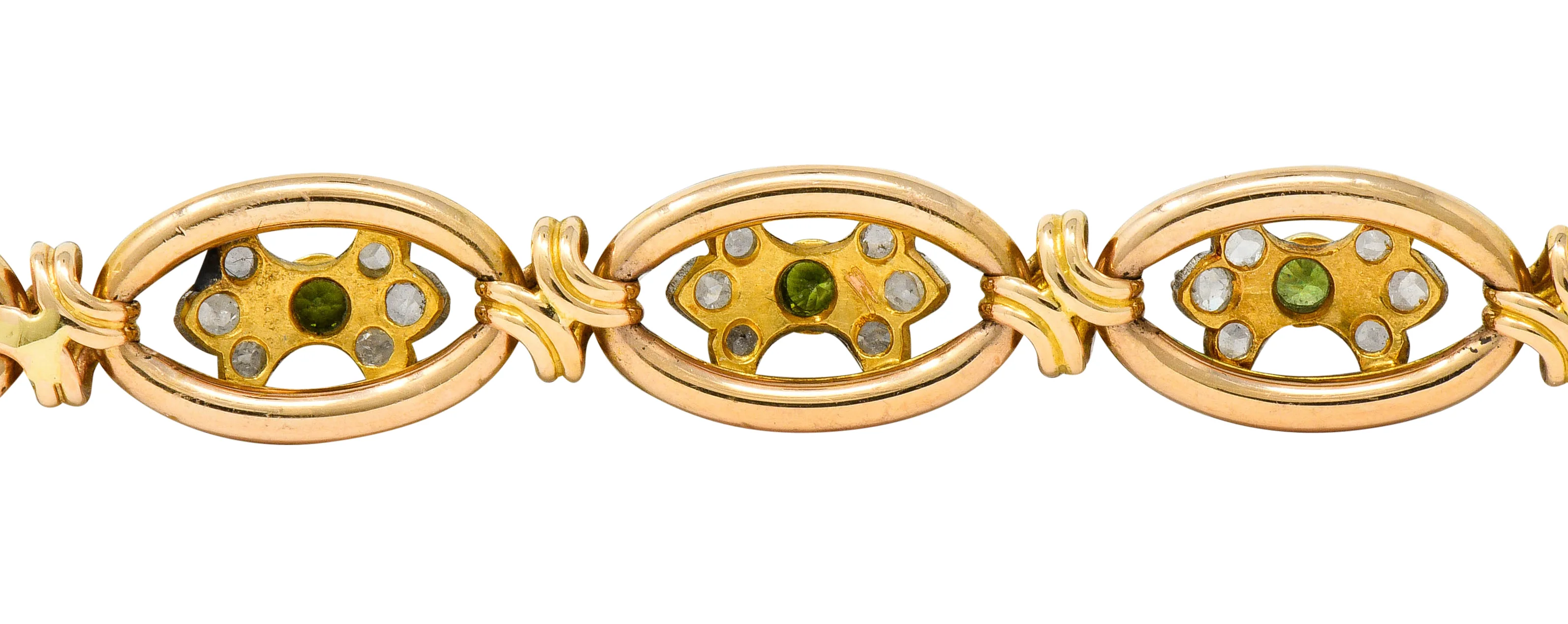 French Edwardian Demantoid Garnet Diamond Platinum-Topped 18 Karat Gold Link Bracelet - Image 6