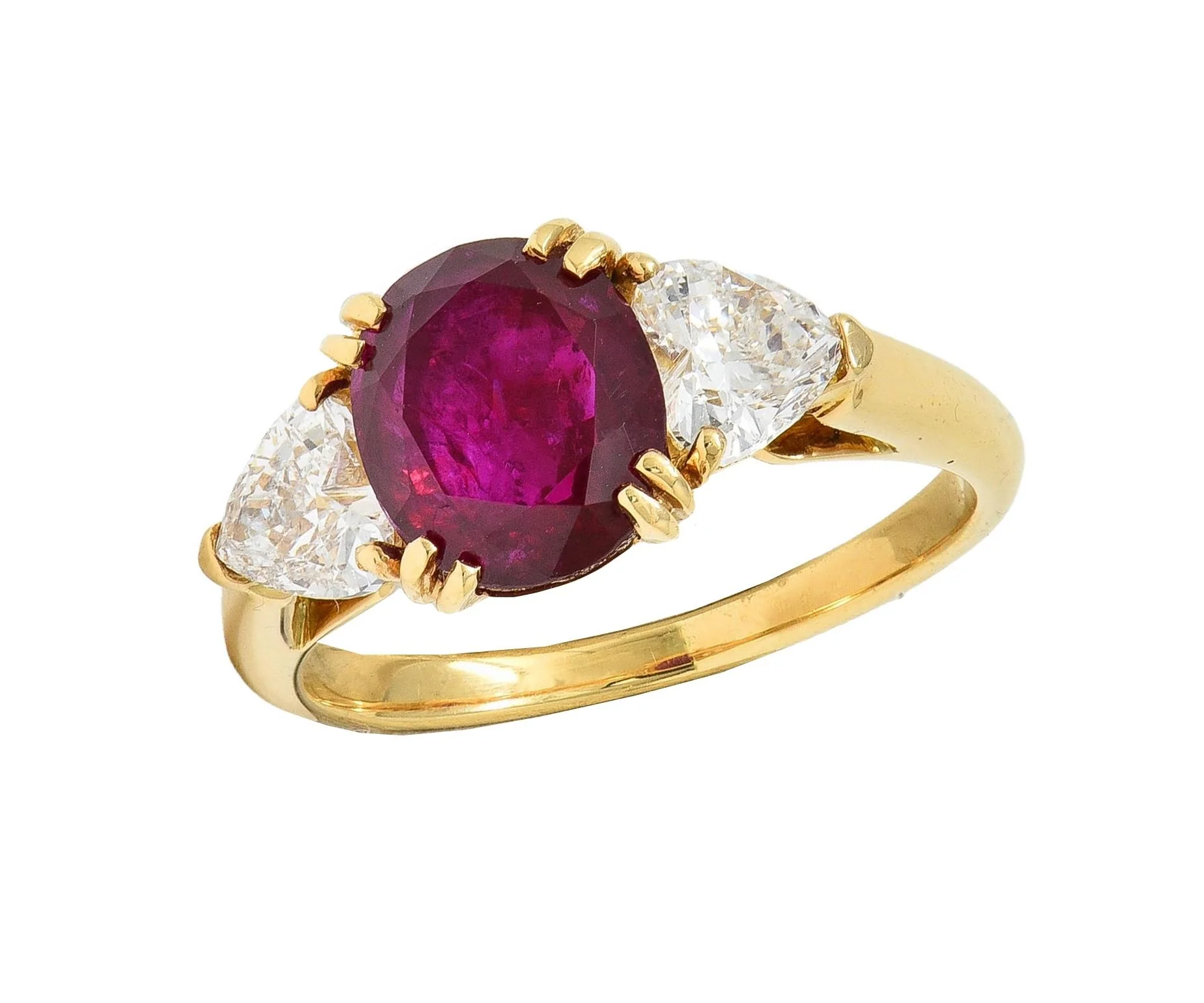 French No Heat Burma Ruby Heart Diamond 18 Karat Yellow Gold Vintage Three Stone Ring - Image 10
