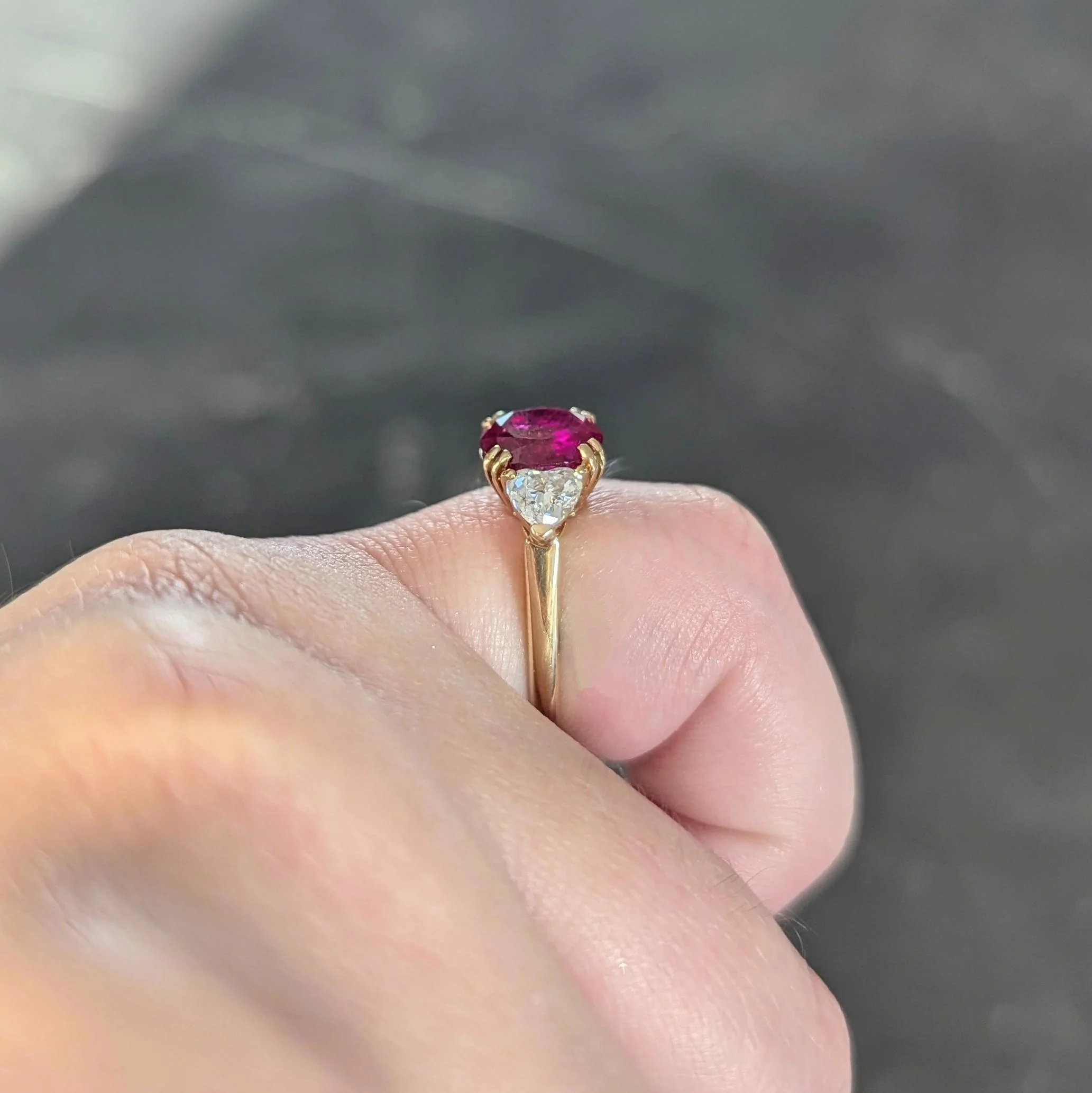 French No Heat Burma Ruby Heart Diamond 18 Karat Yellow Gold Vintage Three Stone Ring - Image 13