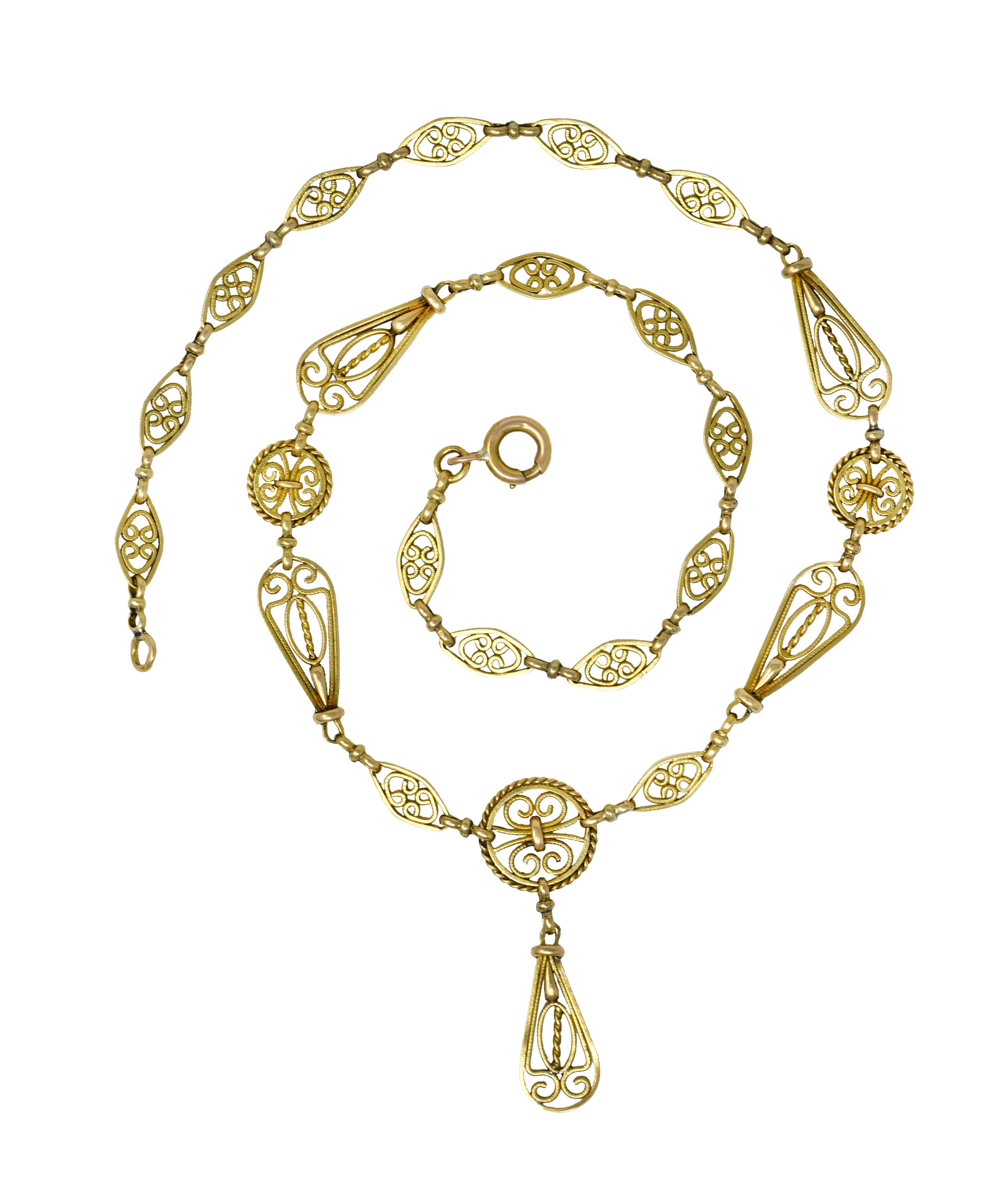 French Victorian 18 Karat Gold Scrolled Link Drop Necklace Circa 1900 - Image 2