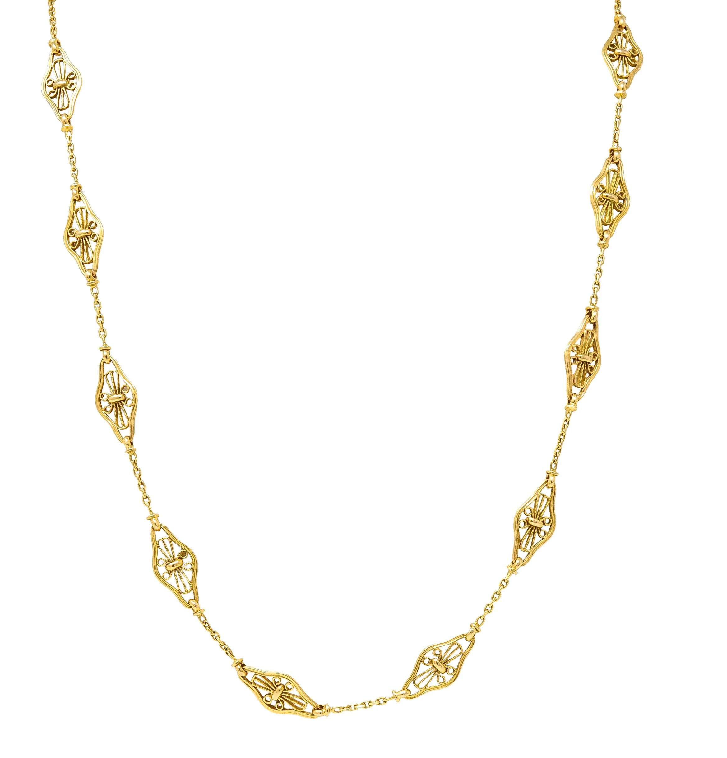 French Victorian 18 Karat Yellow Gold Filigree Navette 30 1/2 IN Long Antique Chain Necklace