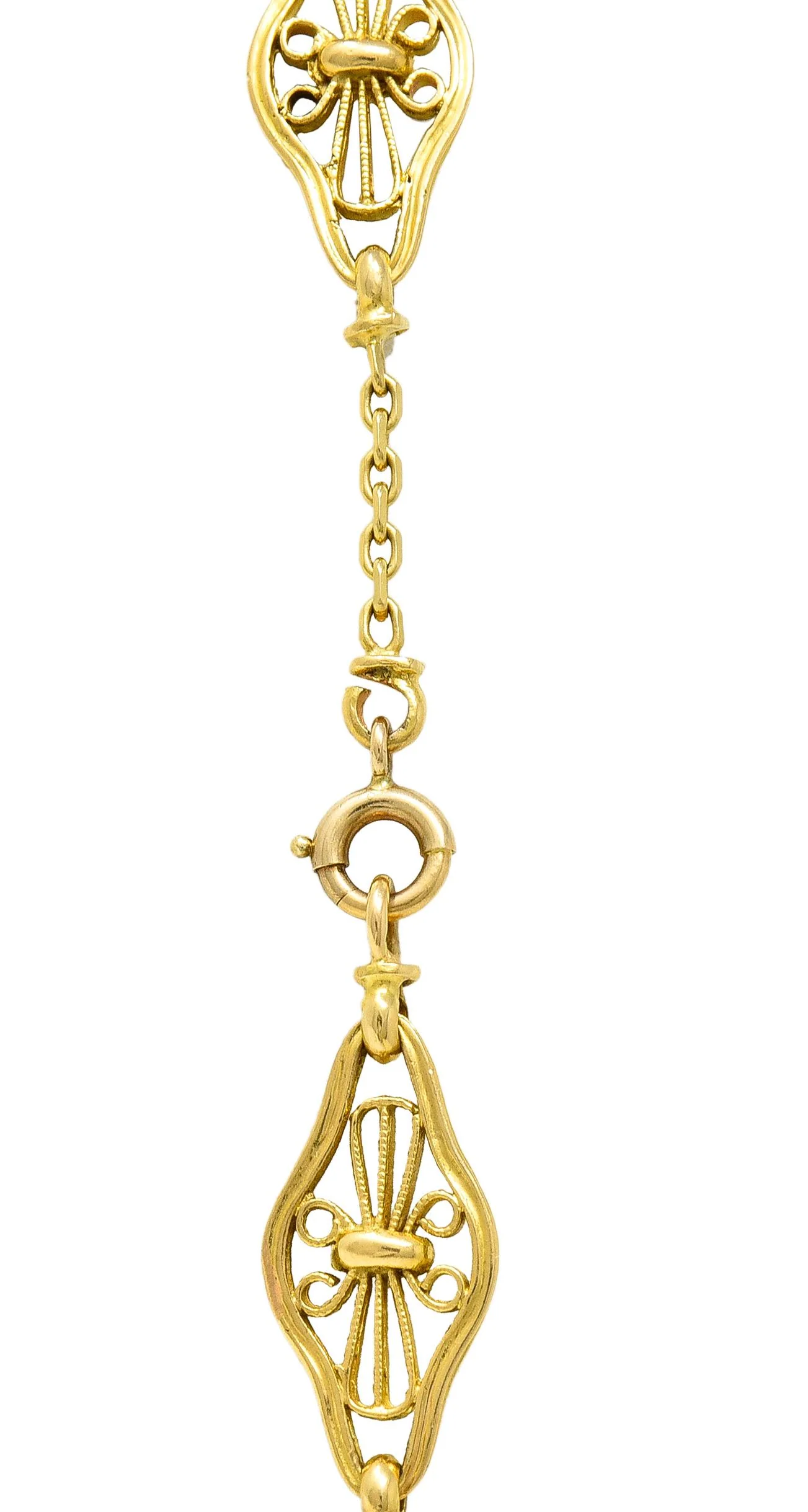French Victorian 18 Karat Yellow Gold Filigree Navette 30 1/2 IN Long Antique Chain Necklace - Image 6