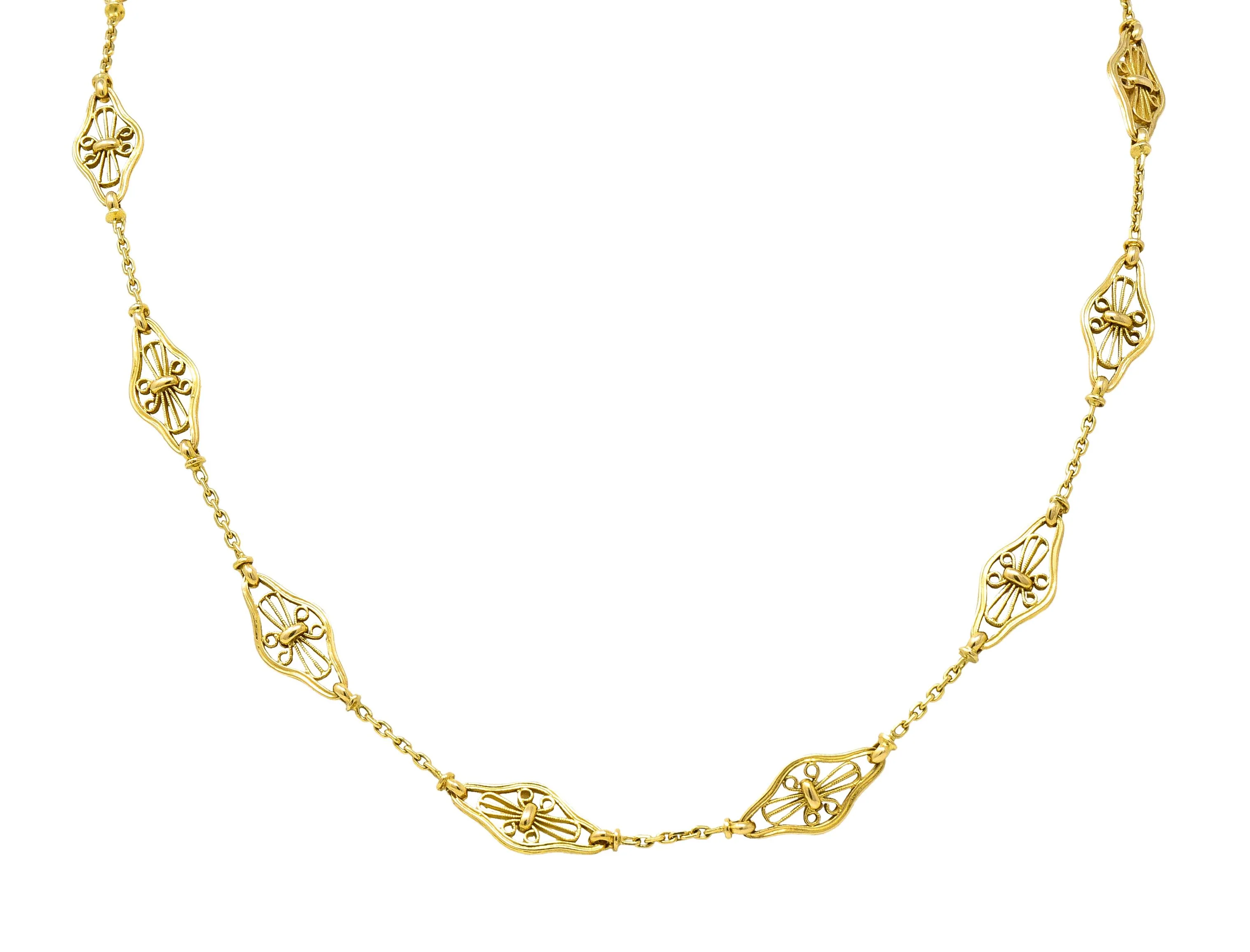 French Victorian 18 Karat Yellow Gold Filigree Navette 30 1/2 IN Long Antique Chain Necklace - Image 8