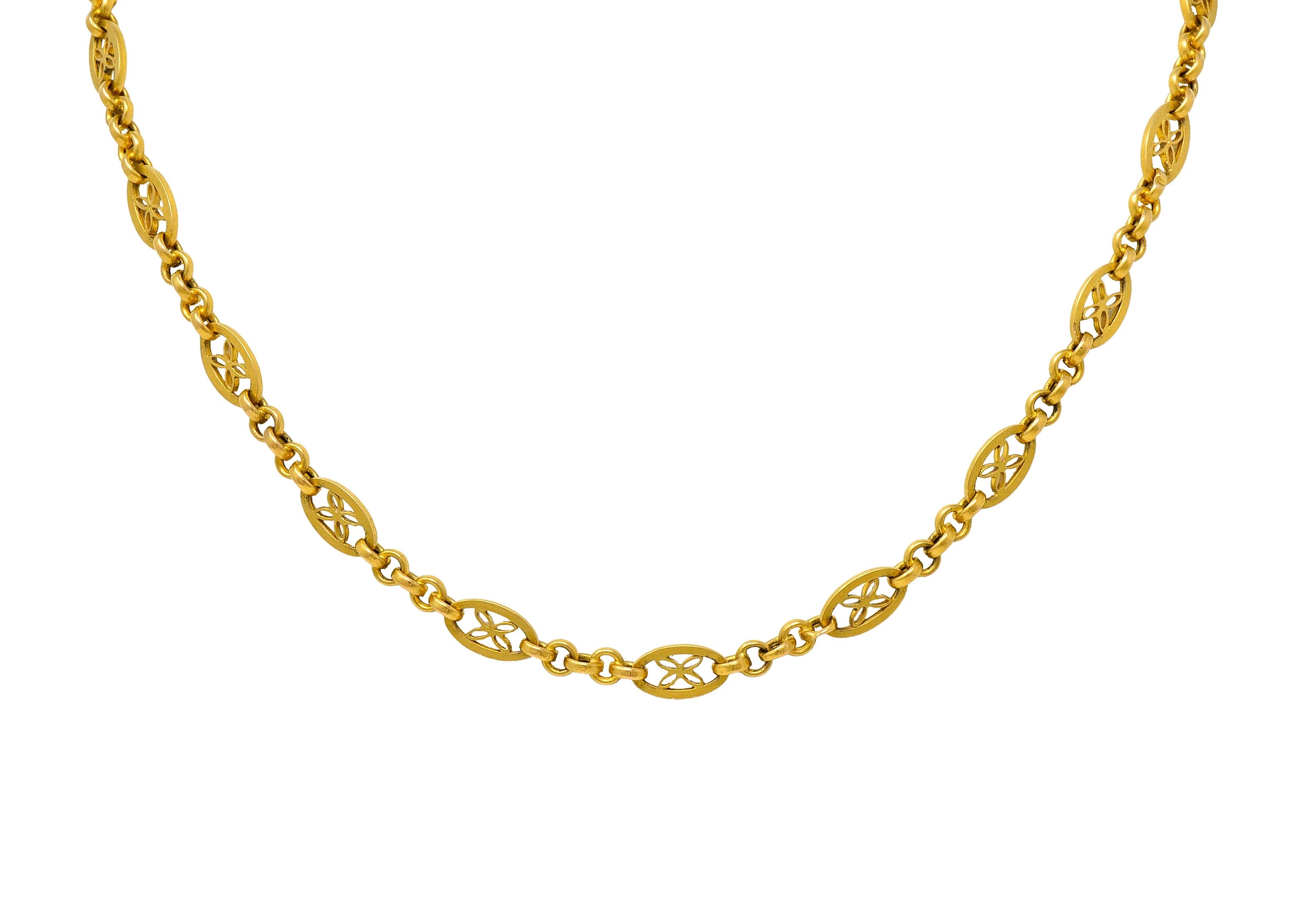 French Victorian 18 Karat Yellow Gold Floral Navette Link Antique Chain Necklace - Image 8