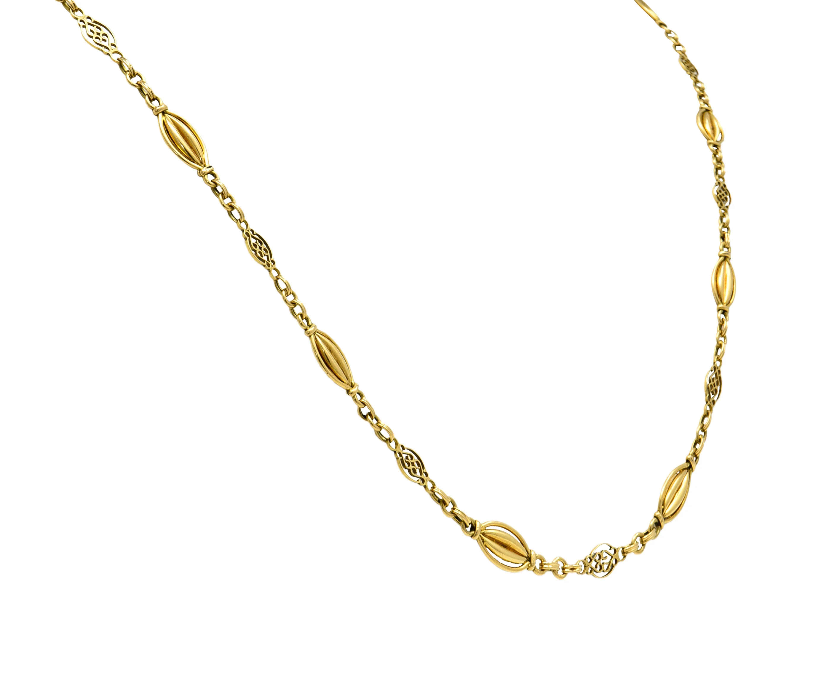 French Victorian 18 Karat Yellow Gold Heart Navette Link Antique Chain Necklace - Image 3