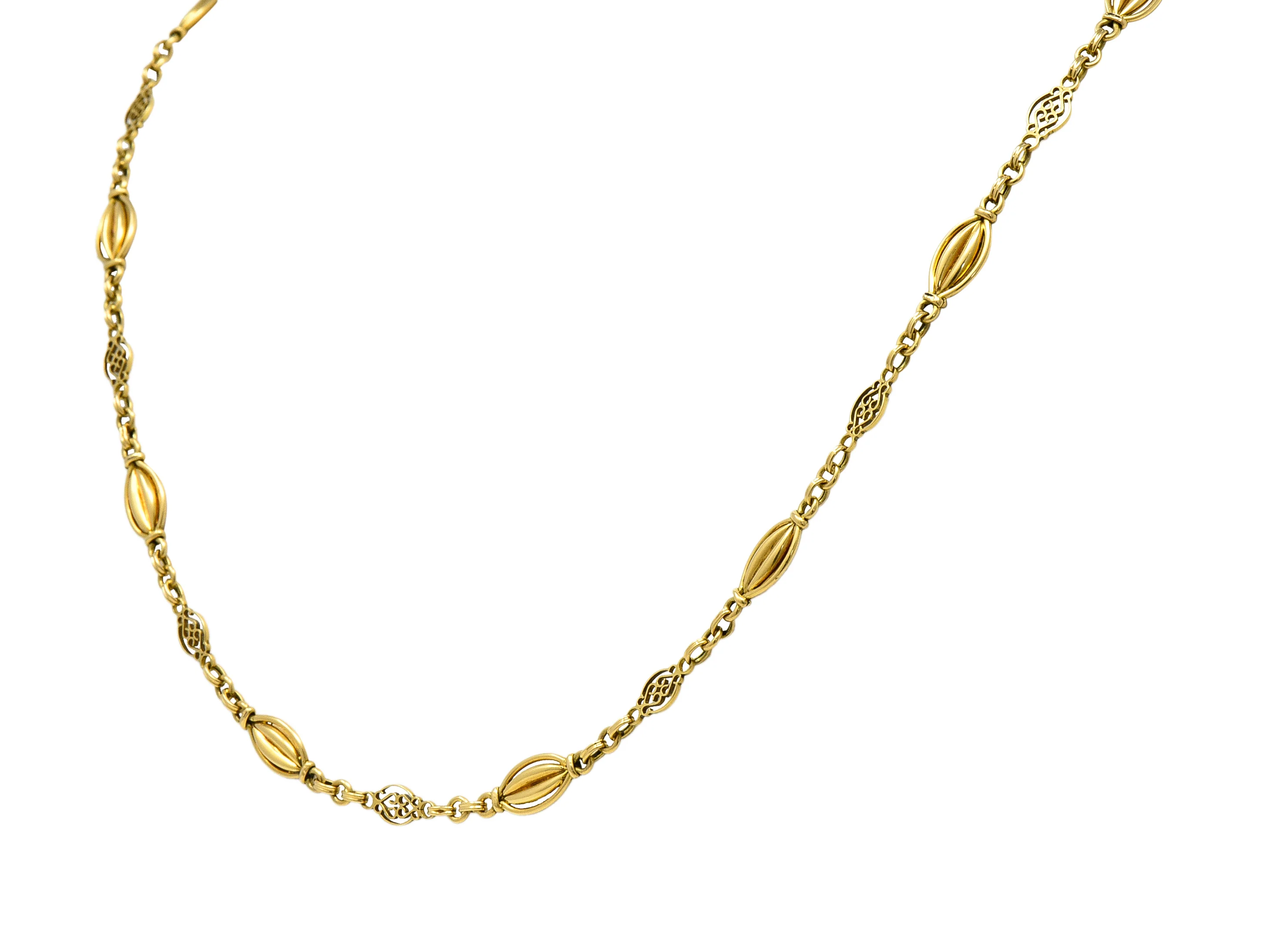 French Victorian 18 Karat Yellow Gold Heart Navette Link Antique Chain Necklace - Image 4