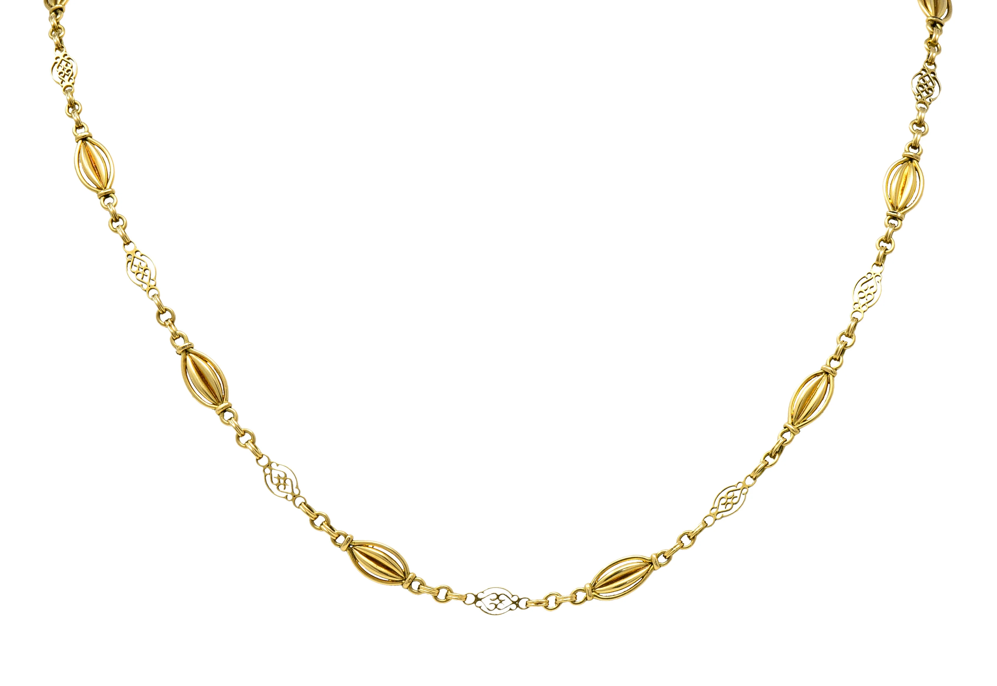 French Victorian 18 Karat Yellow Gold Heart Navette Link Antique Chain Necklace - Image 5
