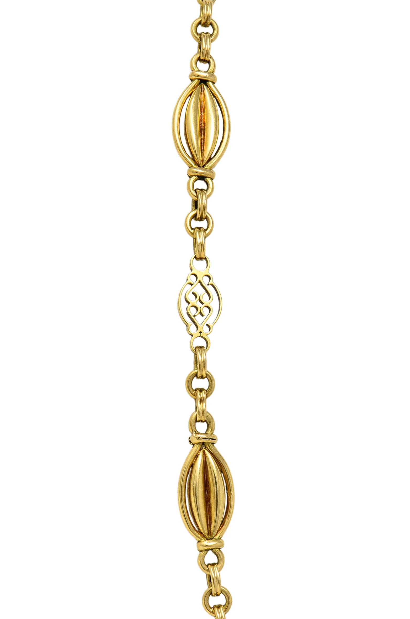 French Victorian 18 Karat Yellow Gold Heart Navette Link Antique Chain Necklace - Image 7