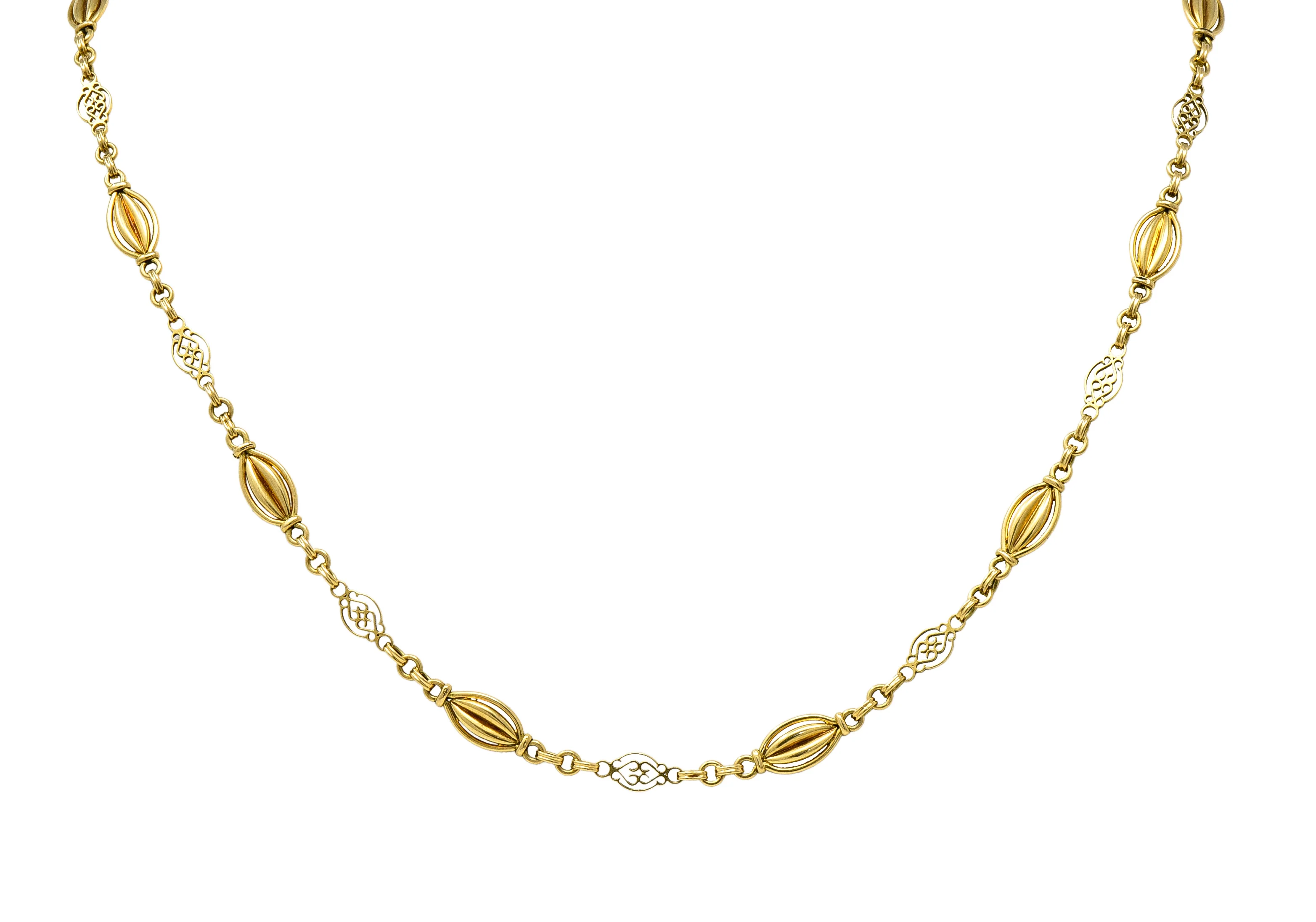 French Victorian 18 Karat Yellow Gold Heart Navette Link Antique Chain Necklace - Image 8