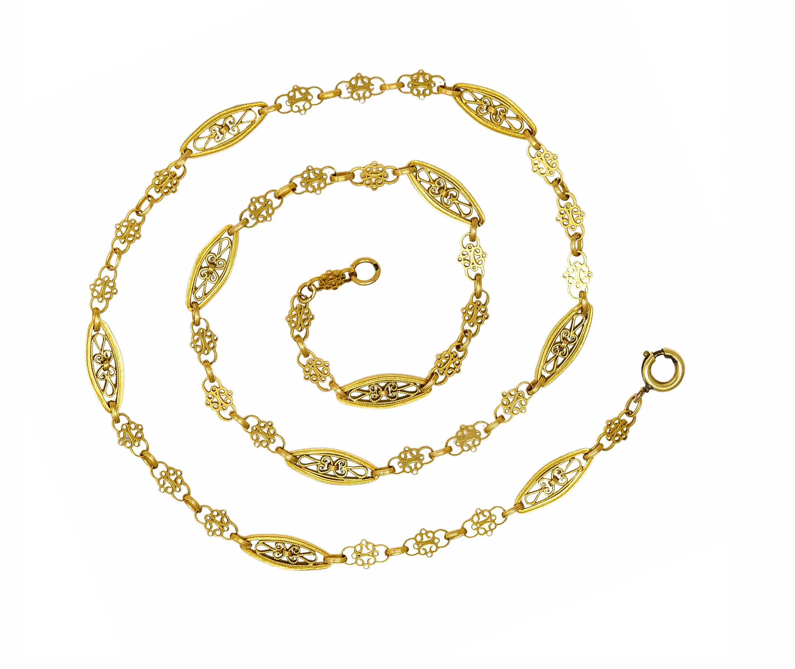 French Victorian 18 Karat Yellow Gold Whiplash Navette Link Antique Chain Necklace - Image 2