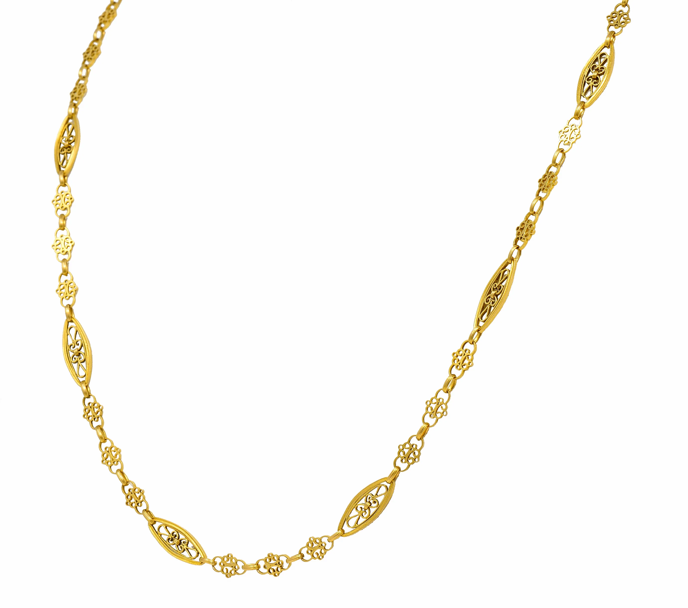 French Victorian 18 Karat Yellow Gold Whiplash Navette Link Antique Chain Necklace - Image 3