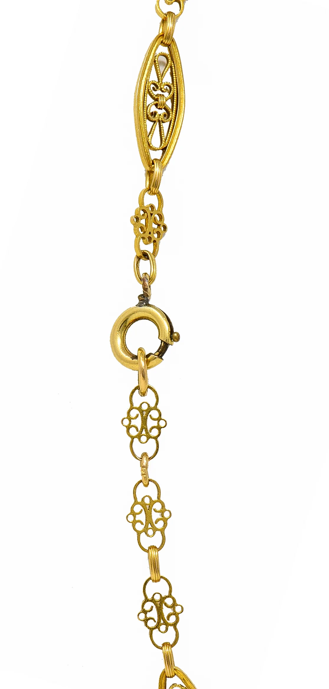 French Victorian 18 Karat Yellow Gold Whiplash Navette Link Antique Chain Necklace - Image 5