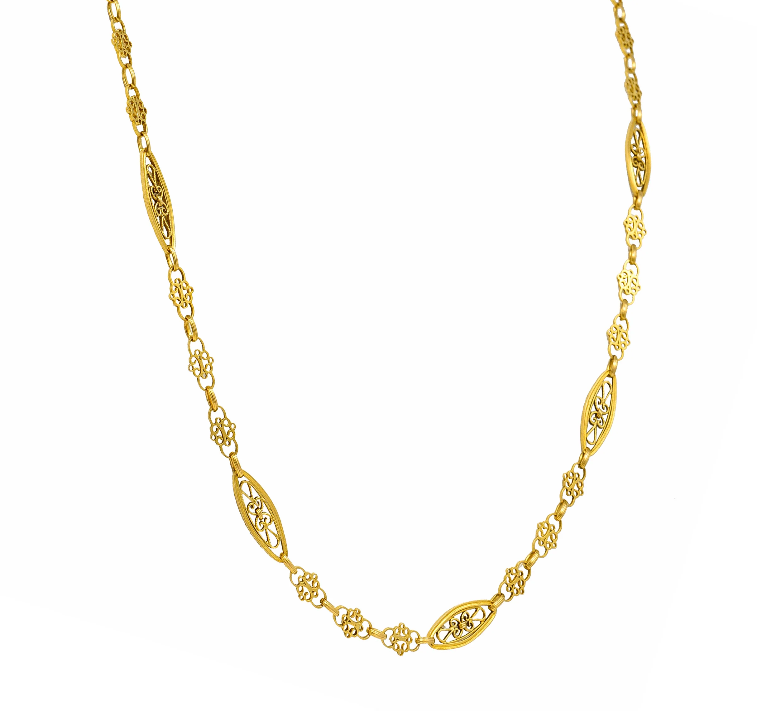 French Victorian 18 Karat Yellow Gold Whiplash Navette Link Antique Chain Necklace - Image 7