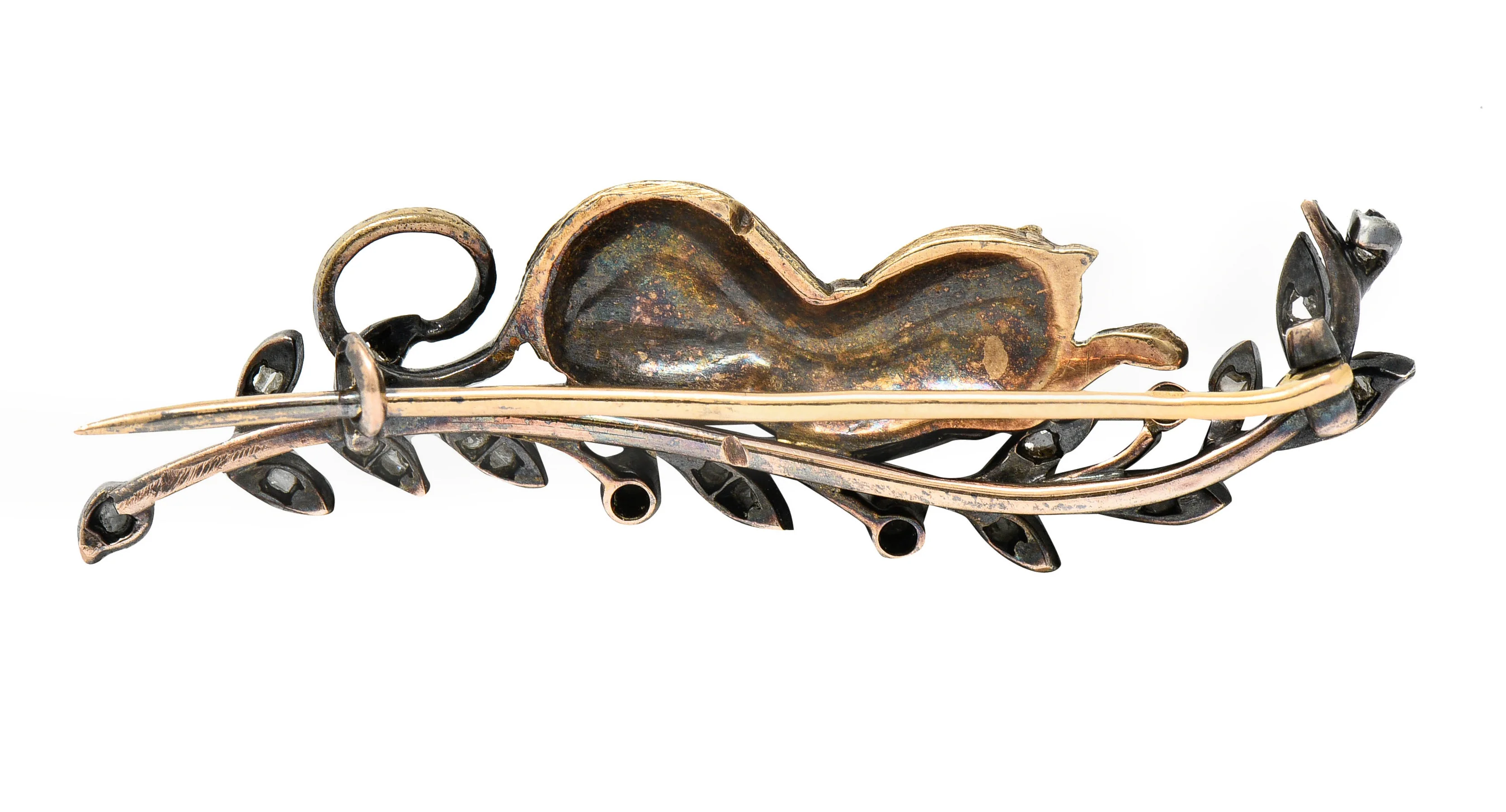 French Victorian Diamond Ruby Silver-Topped 18 Karat Gold Kitten Bar Brooch - Image 3