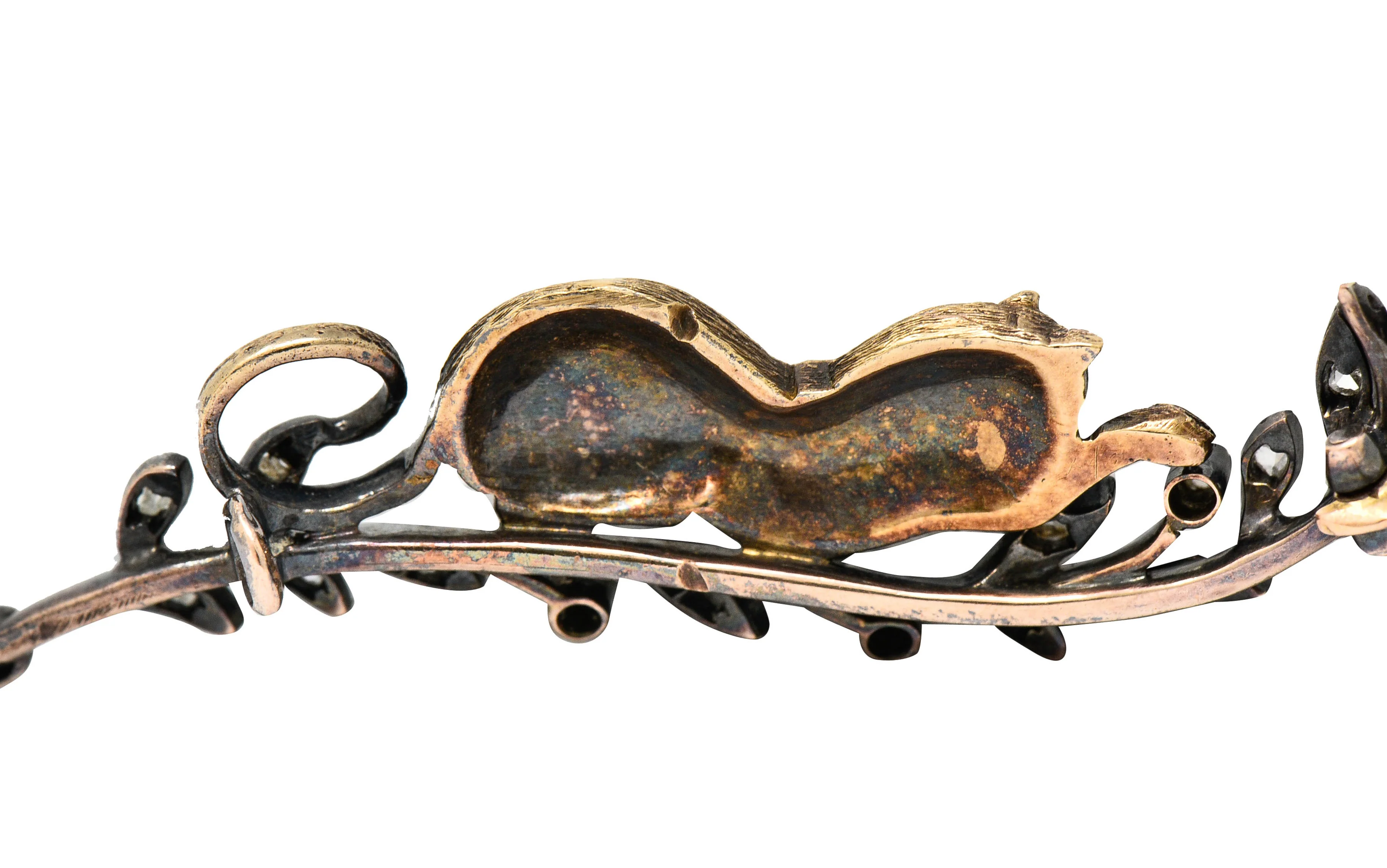 French Victorian Diamond Ruby Silver-Topped 18 Karat Gold Kitten Bar Brooch - Image 4