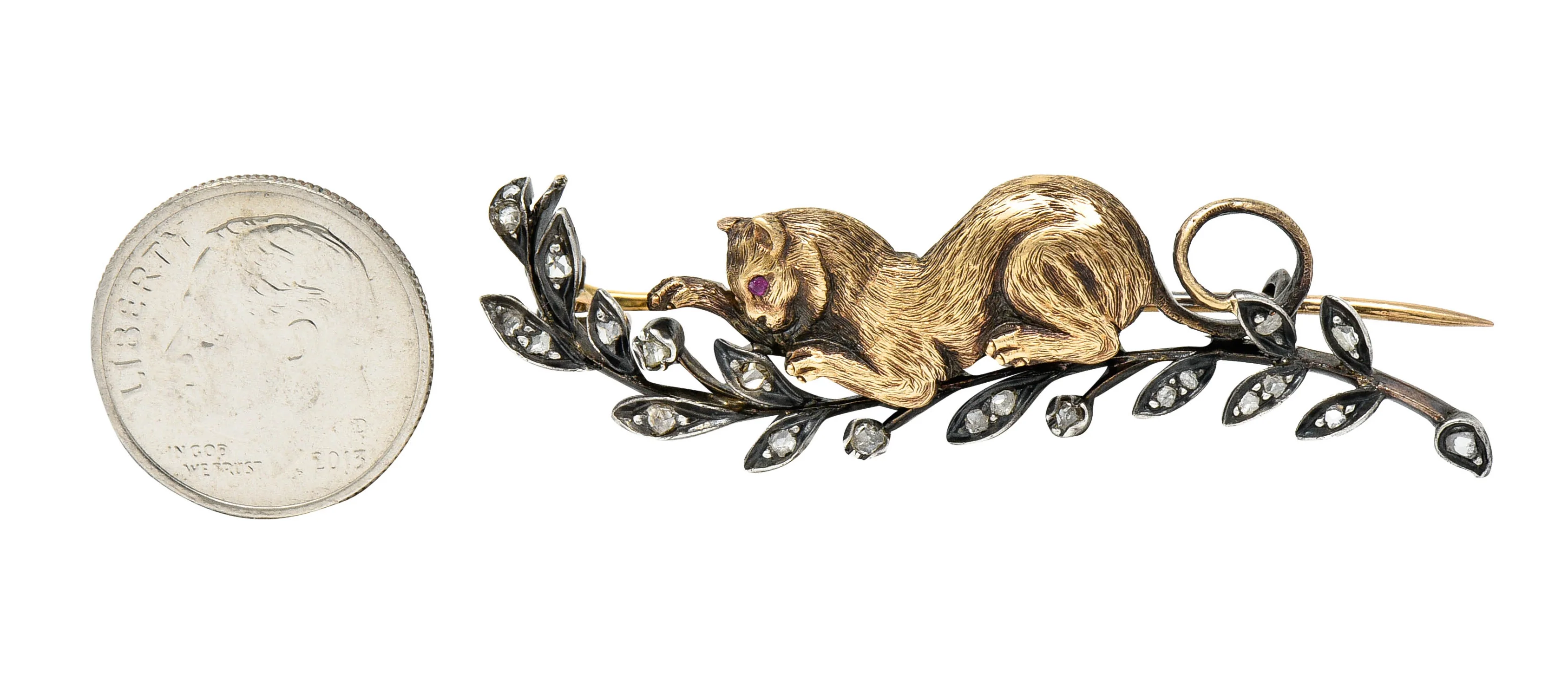 French Victorian Diamond Ruby Silver-Topped 18 Karat Gold Kitten Bar Brooch - Image 9