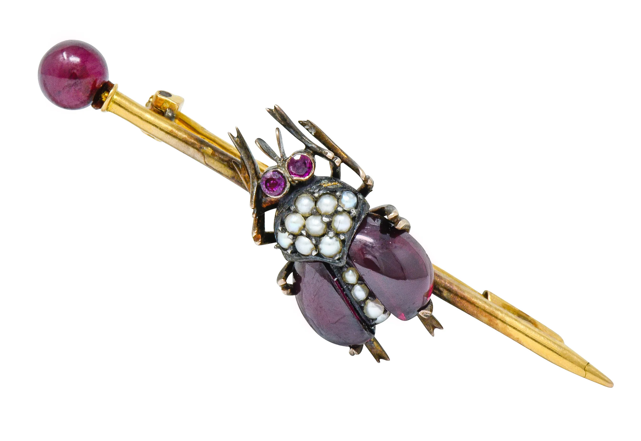 French Victorian Garnet Pearl Ruby Silver-Topped 18 Karat Gold Beetle Bar Brooch