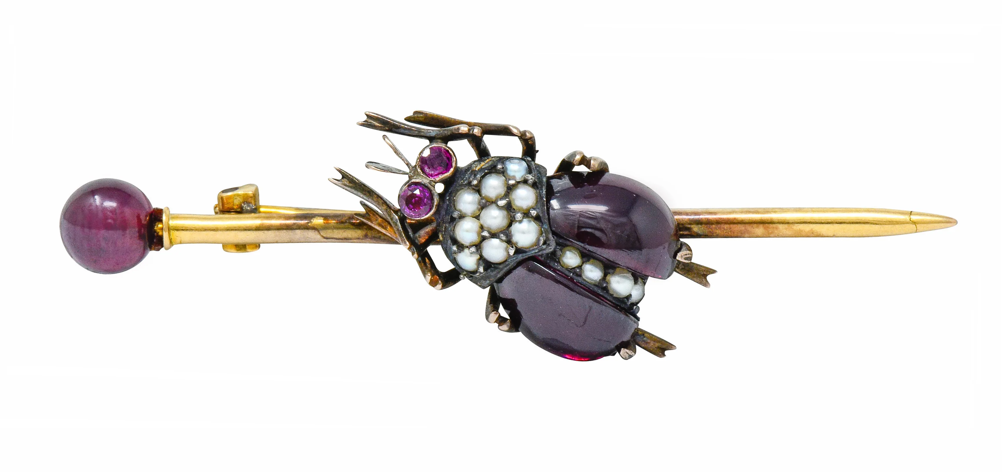 French Victorian Garnet Pearl Ruby Silver-Topped 18 Karat Gold Beetle Bar Brooch - Image 2