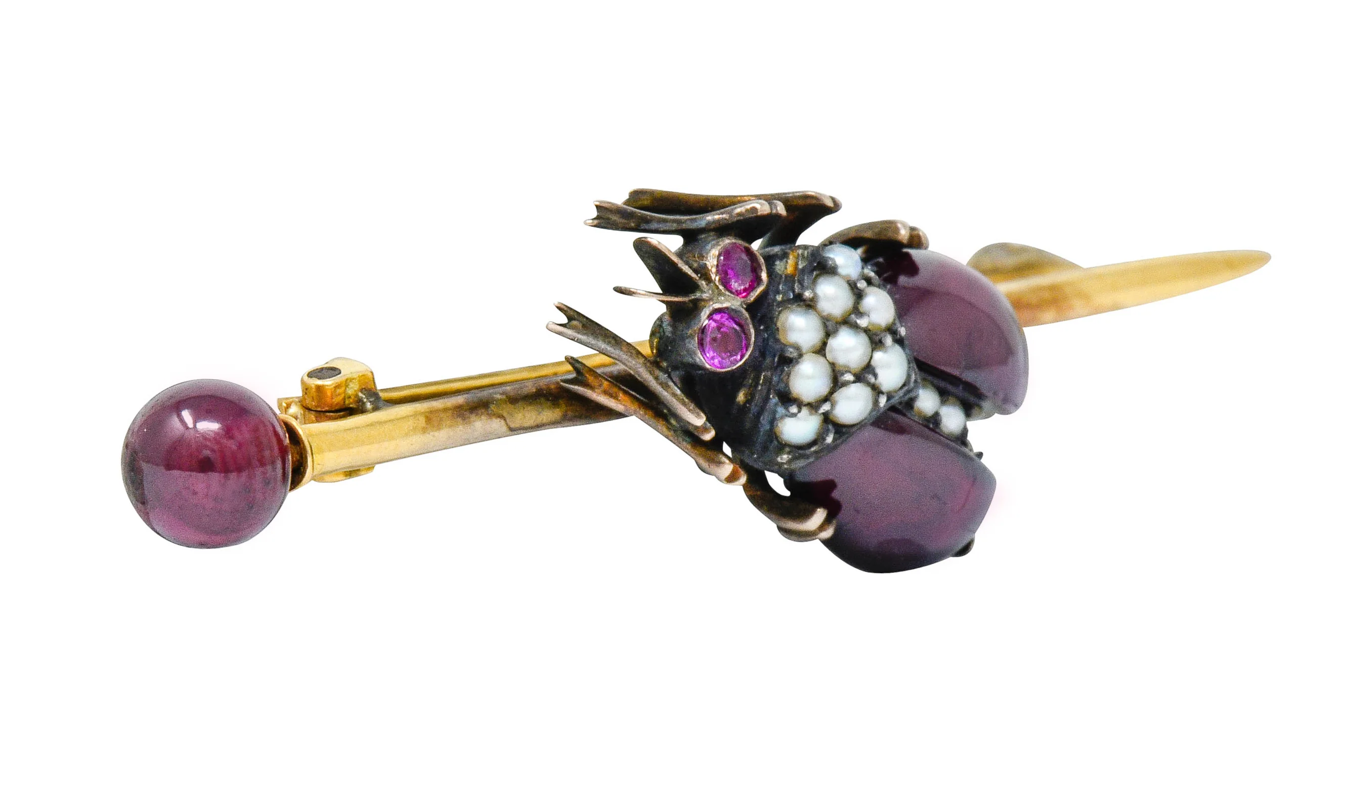 French Victorian Garnet Pearl Ruby Silver-Topped 18 Karat Gold Beetle Bar Brooch - Image 3