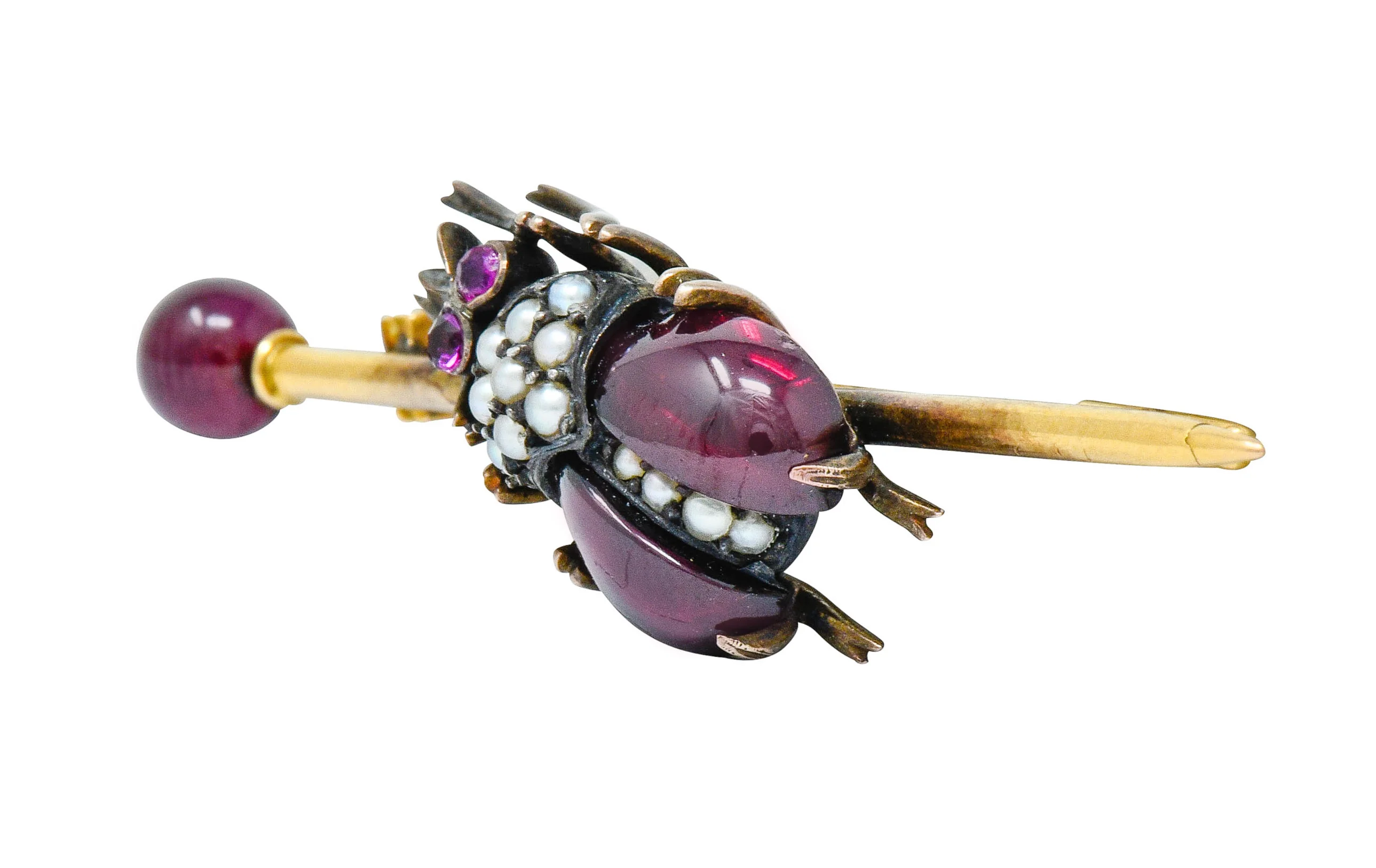 French Victorian Garnet Pearl Ruby Silver-Topped 18 Karat Gold Beetle Bar Brooch - Image 4