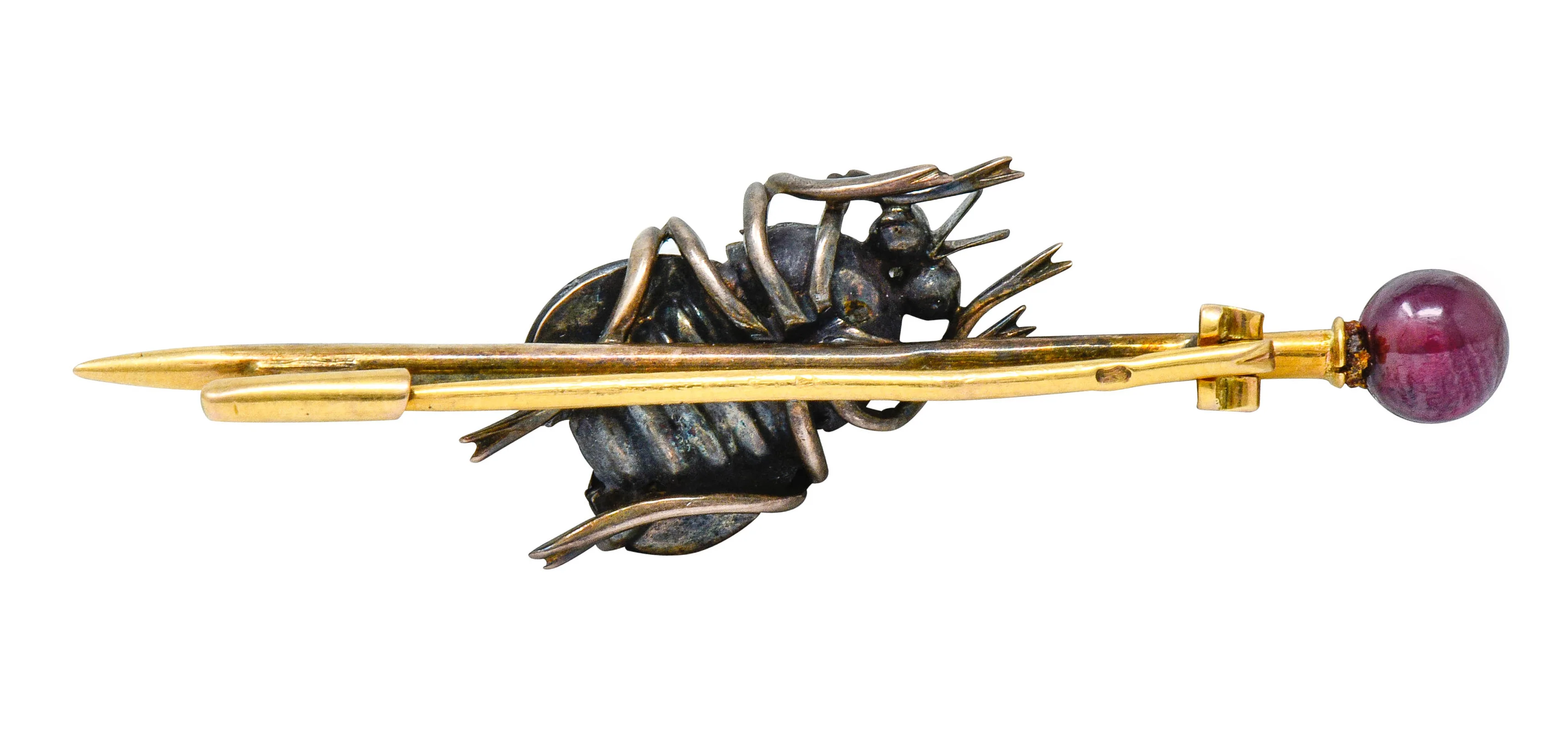 French Victorian Garnet Pearl Ruby Silver-Topped 18 Karat Gold Beetle Bar Brooch - Image 5