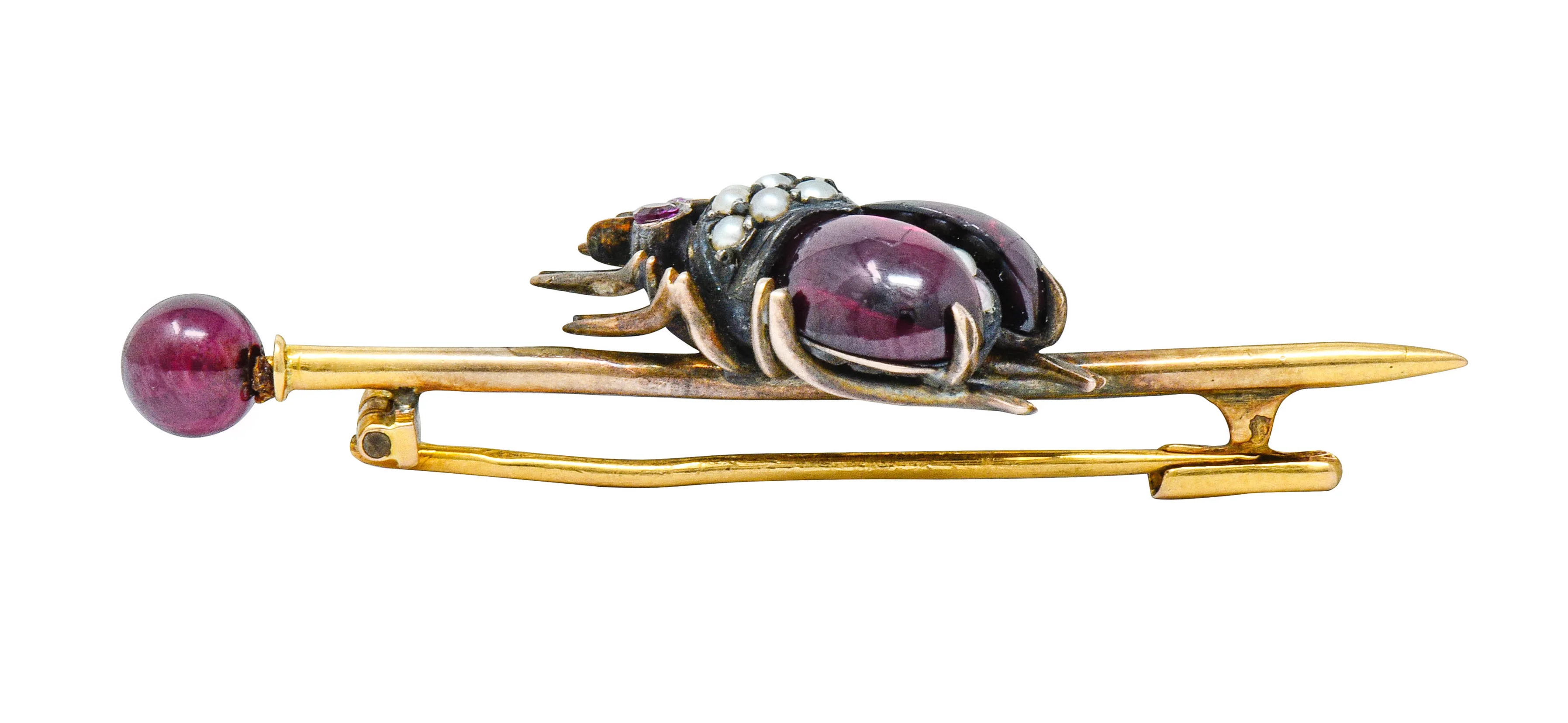 French Victorian Garnet Pearl Ruby Silver-Topped 18 Karat Gold Beetle Bar Brooch - Image 8