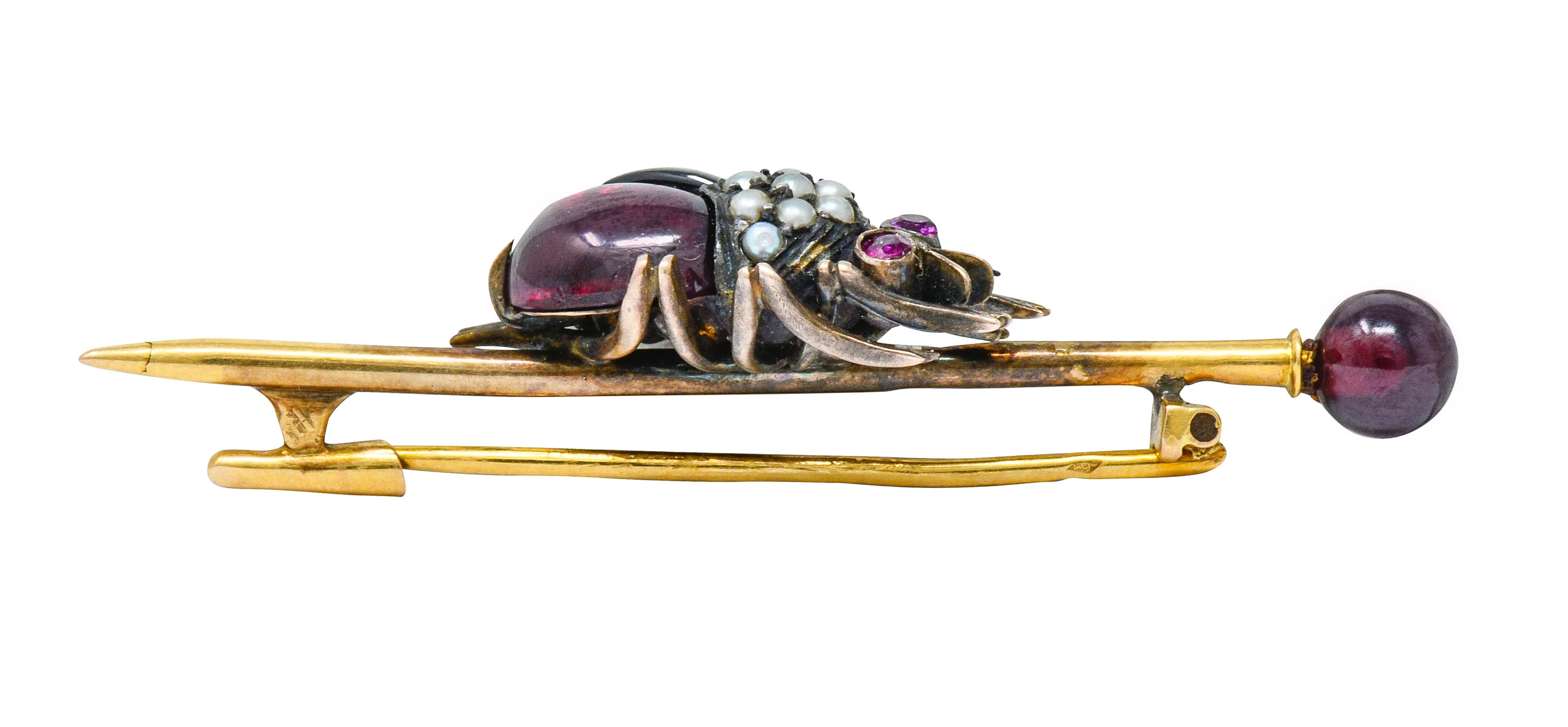 French Victorian Garnet Pearl Ruby Silver-Topped 18 Karat Gold Beetle Bar Brooch - Image 9