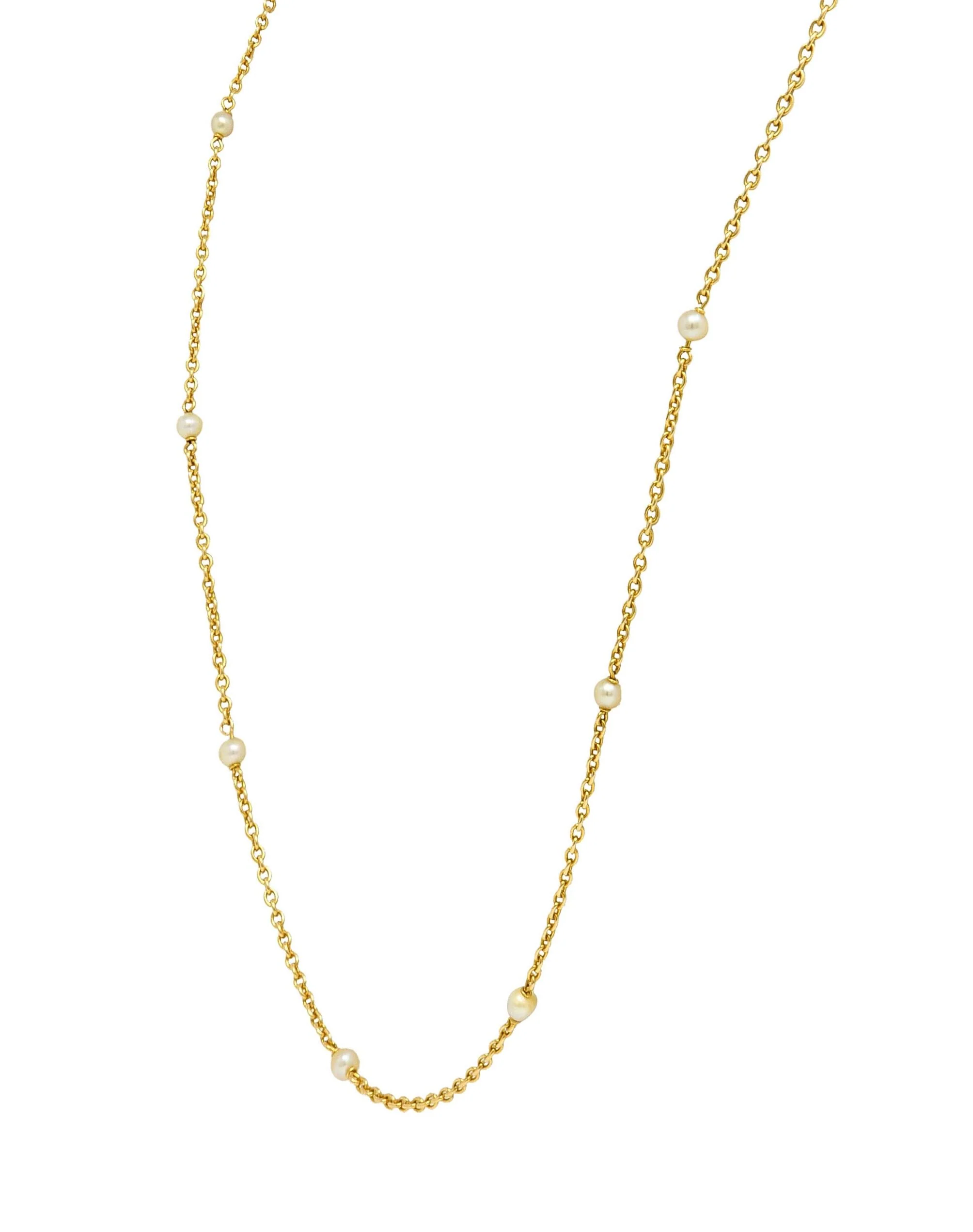 French Victorian Pearl 18 Karat Yellow Gold 34 3/4 IN Long Cable Link Antique Station Necklace - Image 4