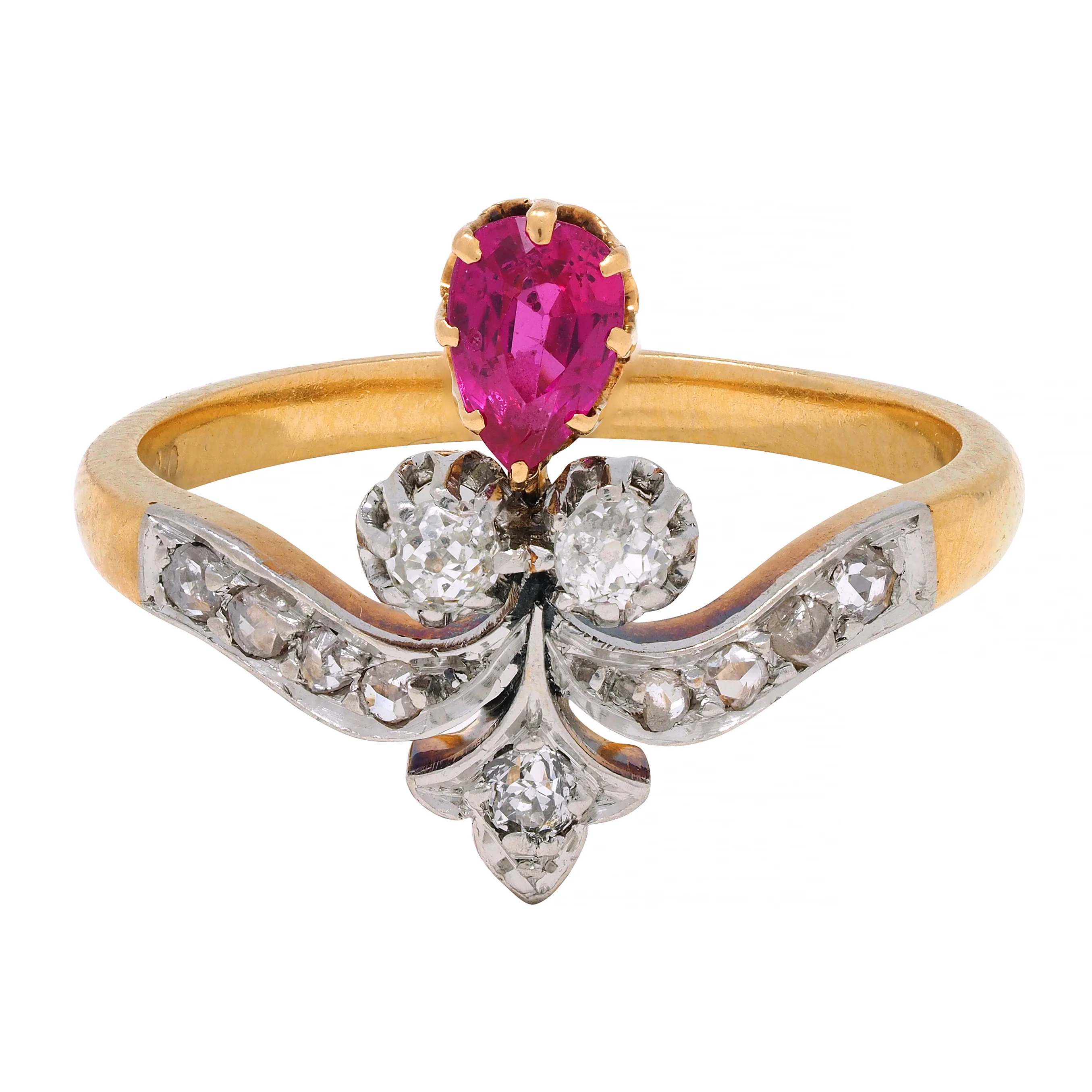 French Victorian Ruby Diamond Platinum 18 Karat Yellow Gold Fleur-De-Lis Antique Ring - Image 12