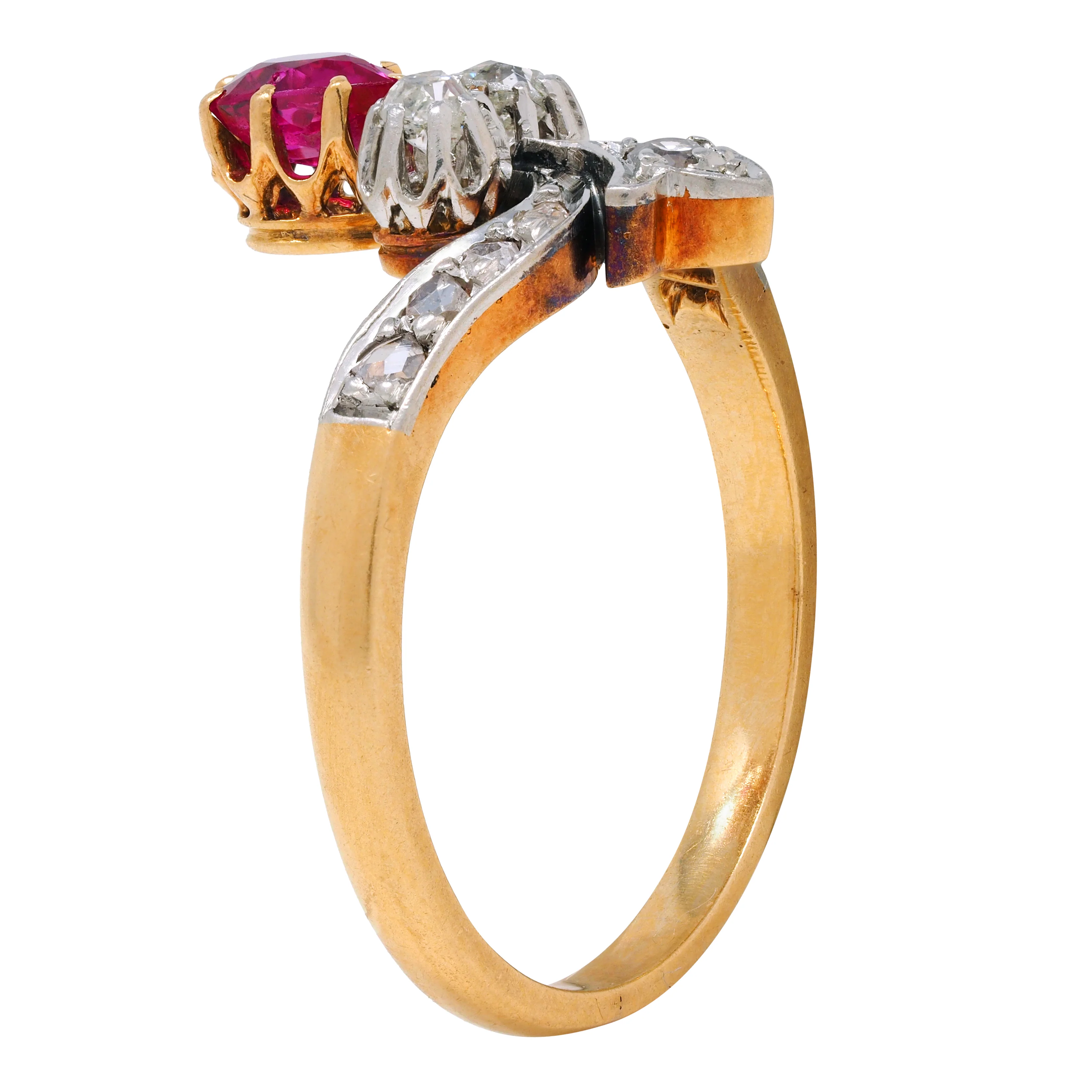 French Victorian Ruby Diamond Platinum 18 Karat Yellow Gold Fleur-De-Lis Antique Ring - Image 2