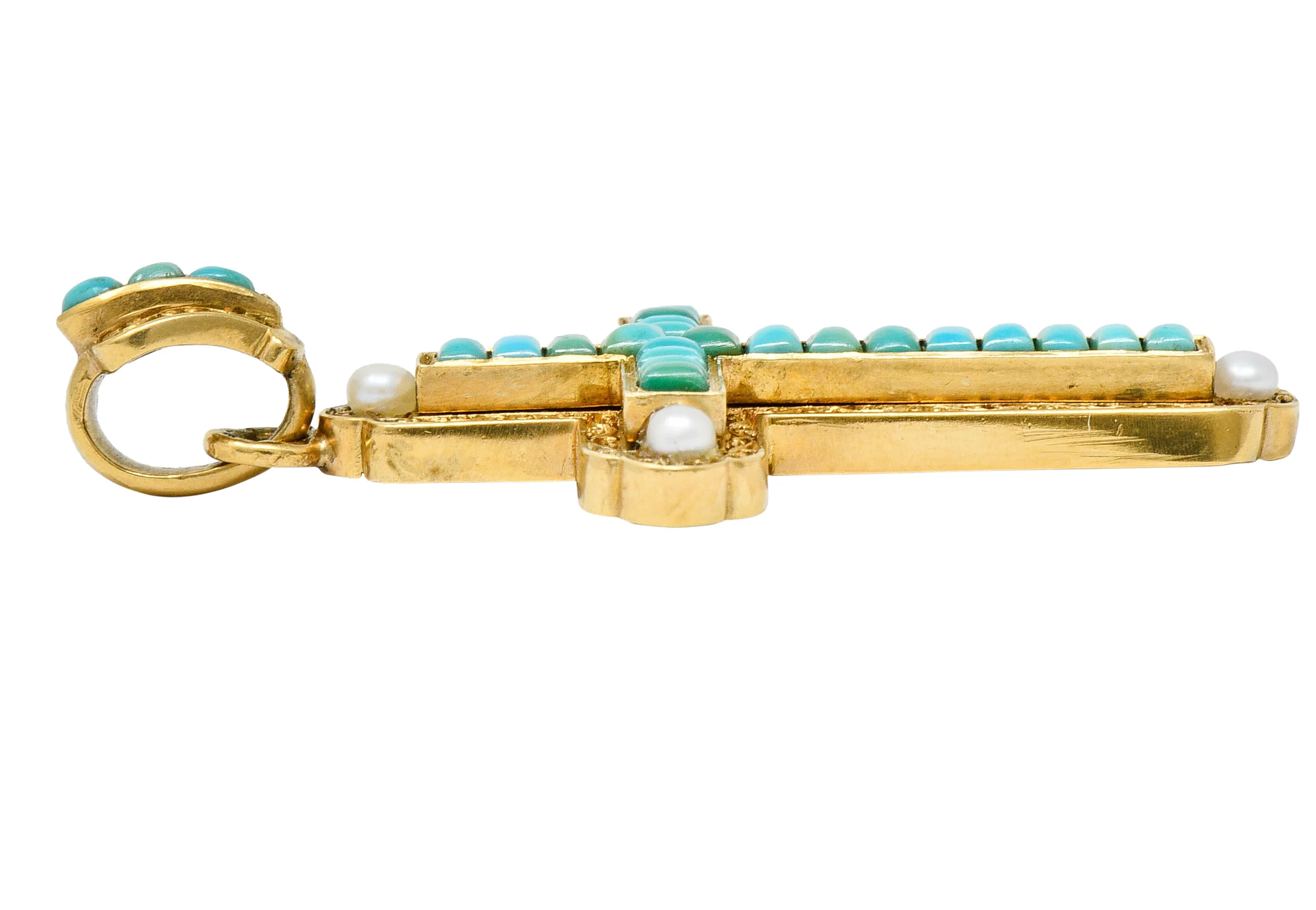 French Victorian Turquoise Pearl 18 Karat Gold Cross Pendant - Image 5